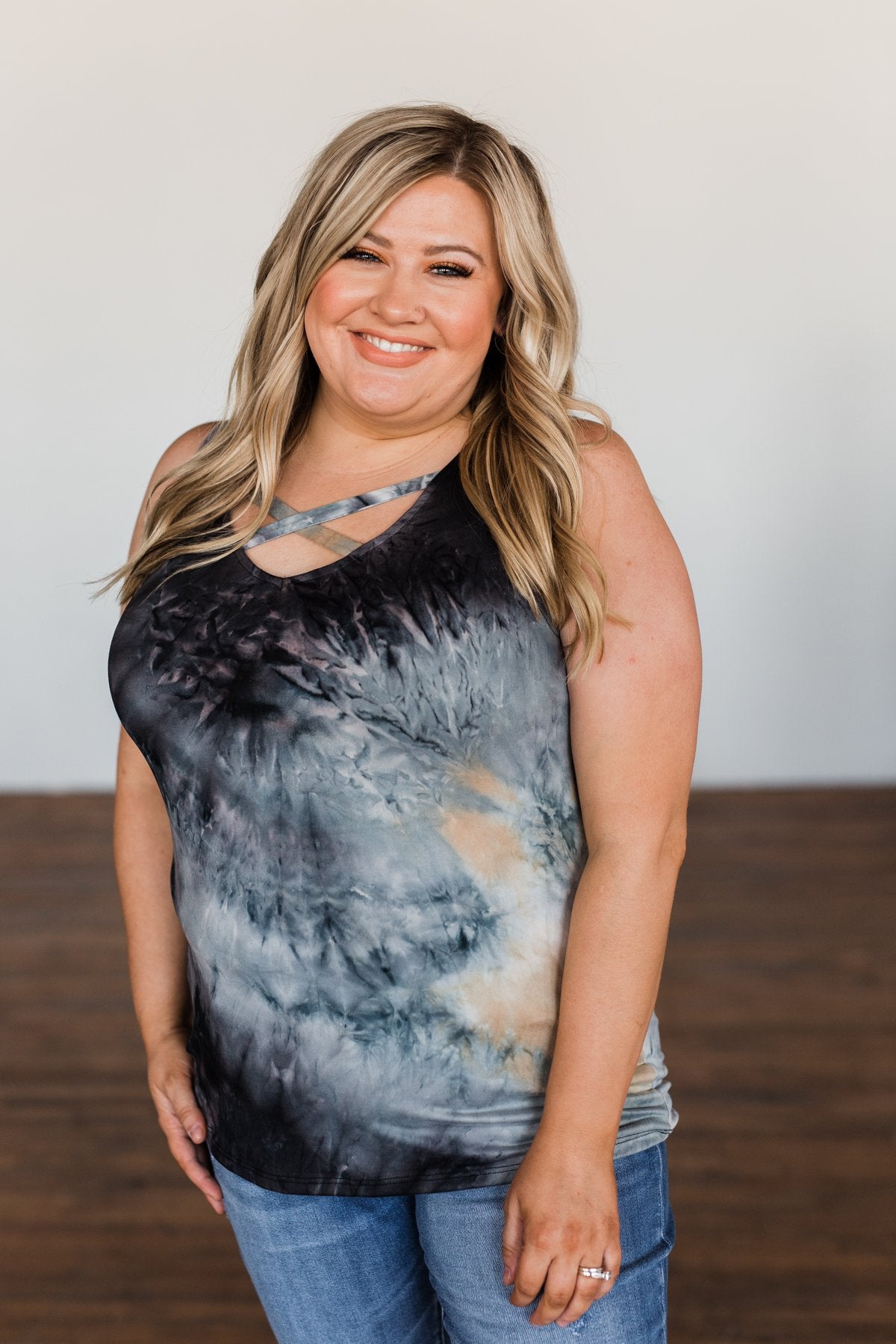 Admit My Love Tie Dye Tank Top- Charcoal, Tan, & Deep Navy