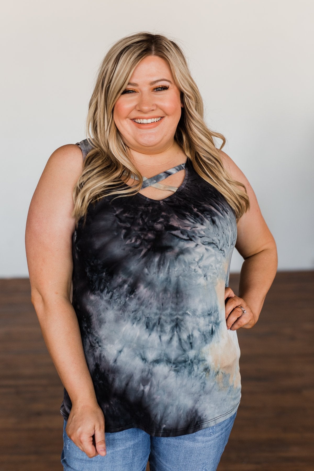 Admit My Love Tie Dye Tank Top- Charcoal, Tan, & Deep Navy