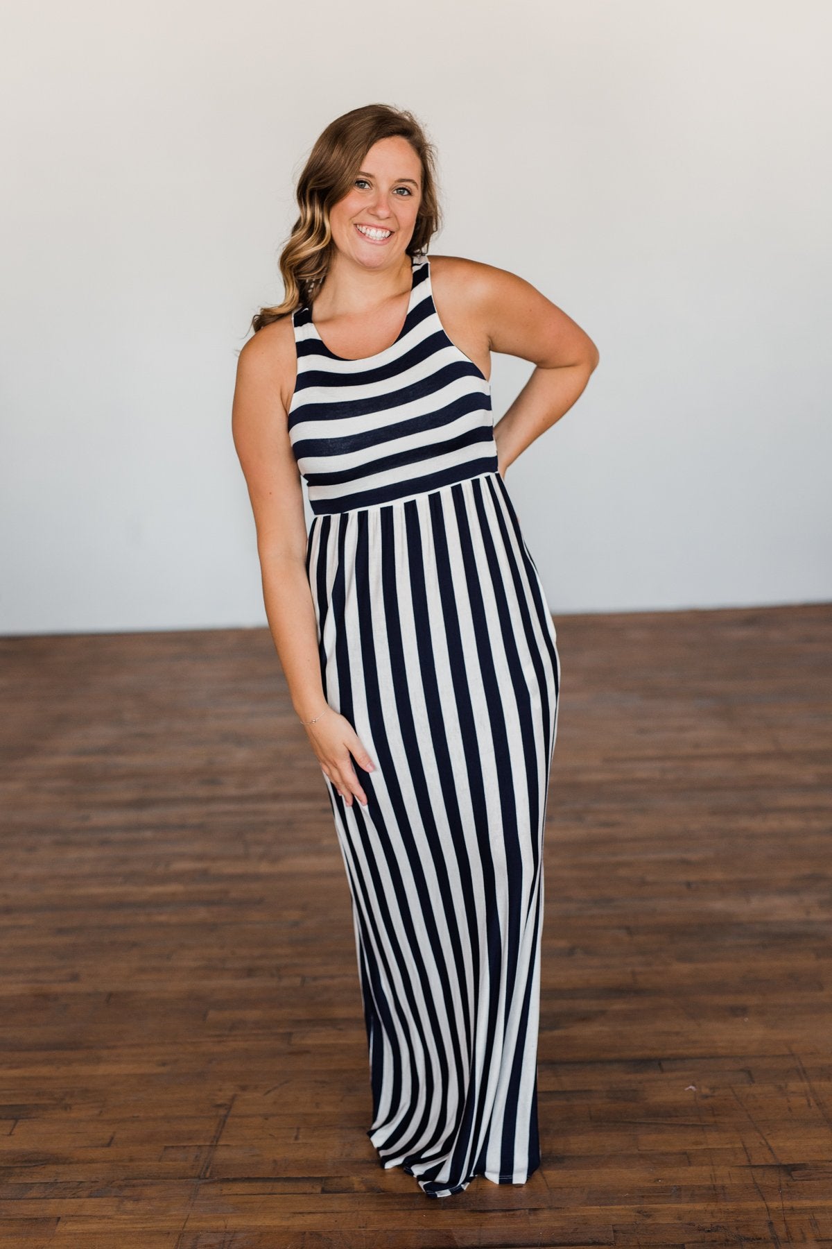 Never Let You Down Striped Maxi Dress- Ivory & Navy