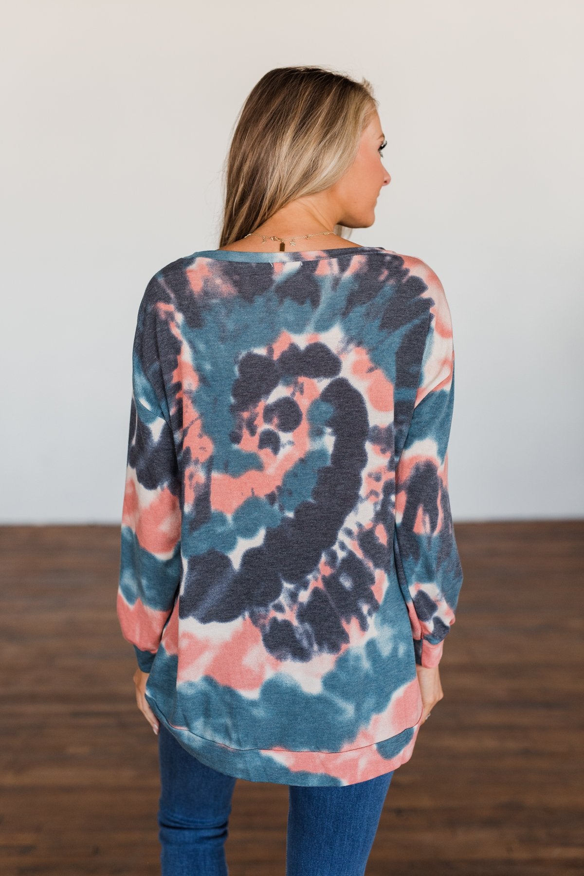 Not Even Close Tie Dye Pullover Top- Dusty Peach & Navy