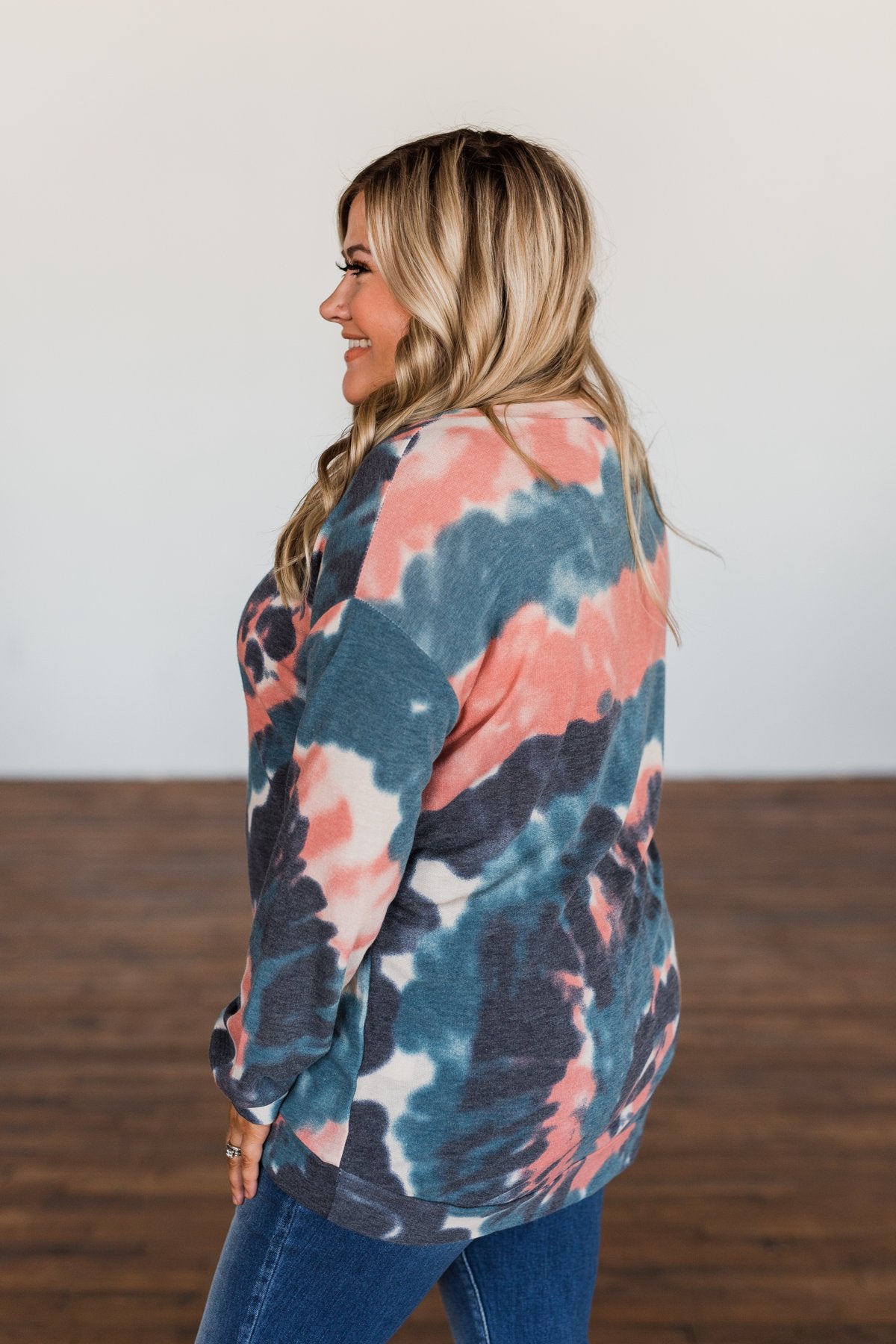 Not Even Close Tie Dye Pullover Top- Dusty Peach & Navy