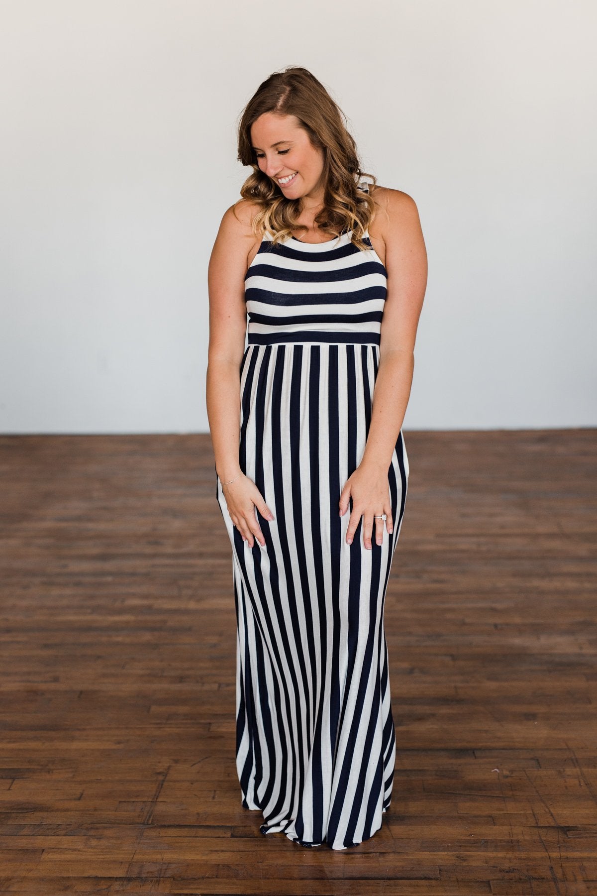 Never Let You Down Striped Maxi Dress- Ivory & Navy Never Let You Down Striped Maxi Dress- Ivory & Navy