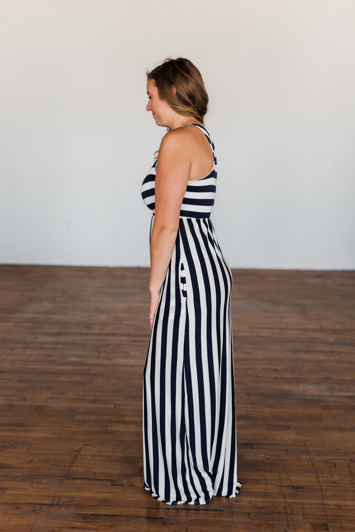 Never Let You Down Striped Maxi Dress- Ivory & Navy