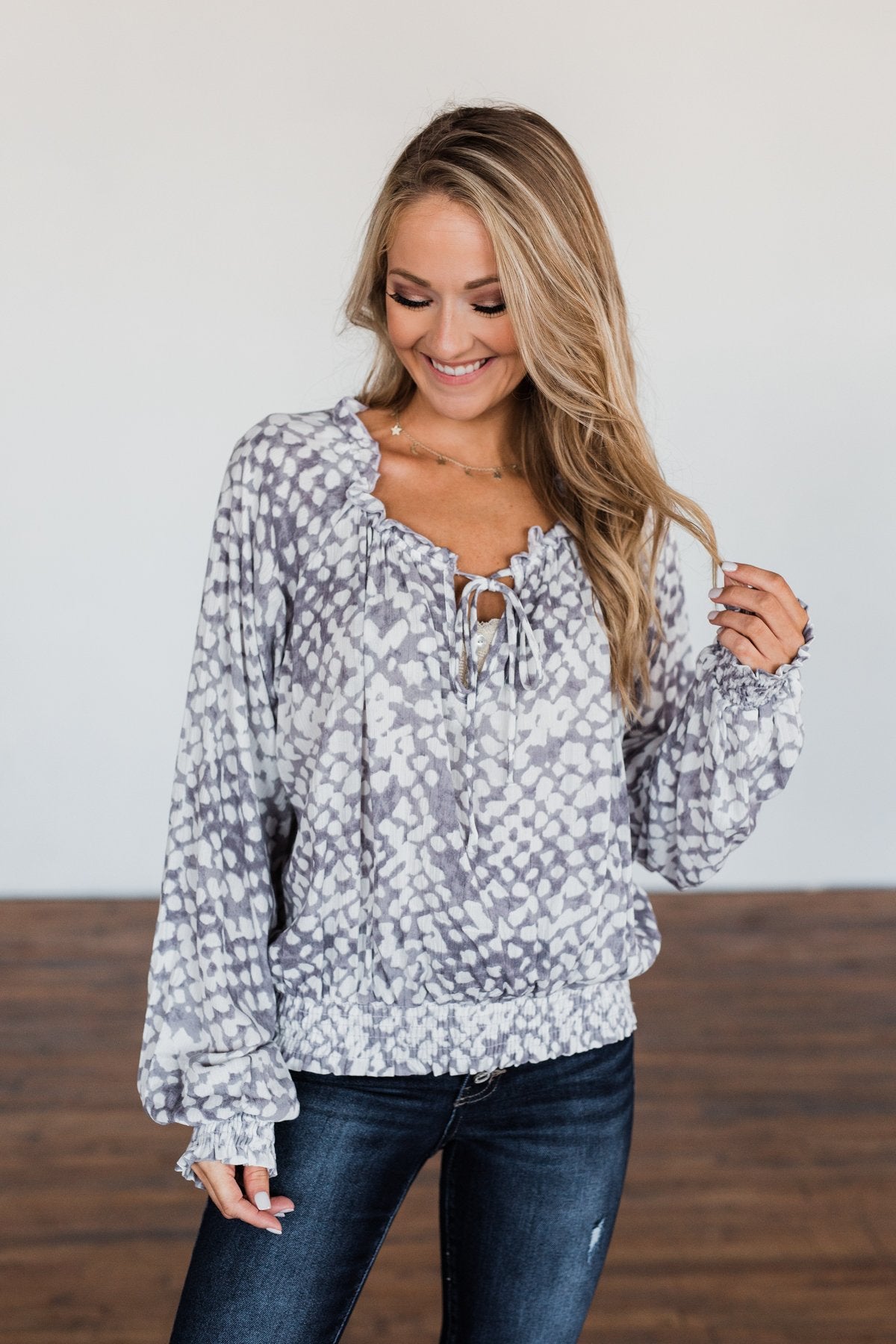Never Look Back Long Sleeve Leopard Top- Grey & Ivory