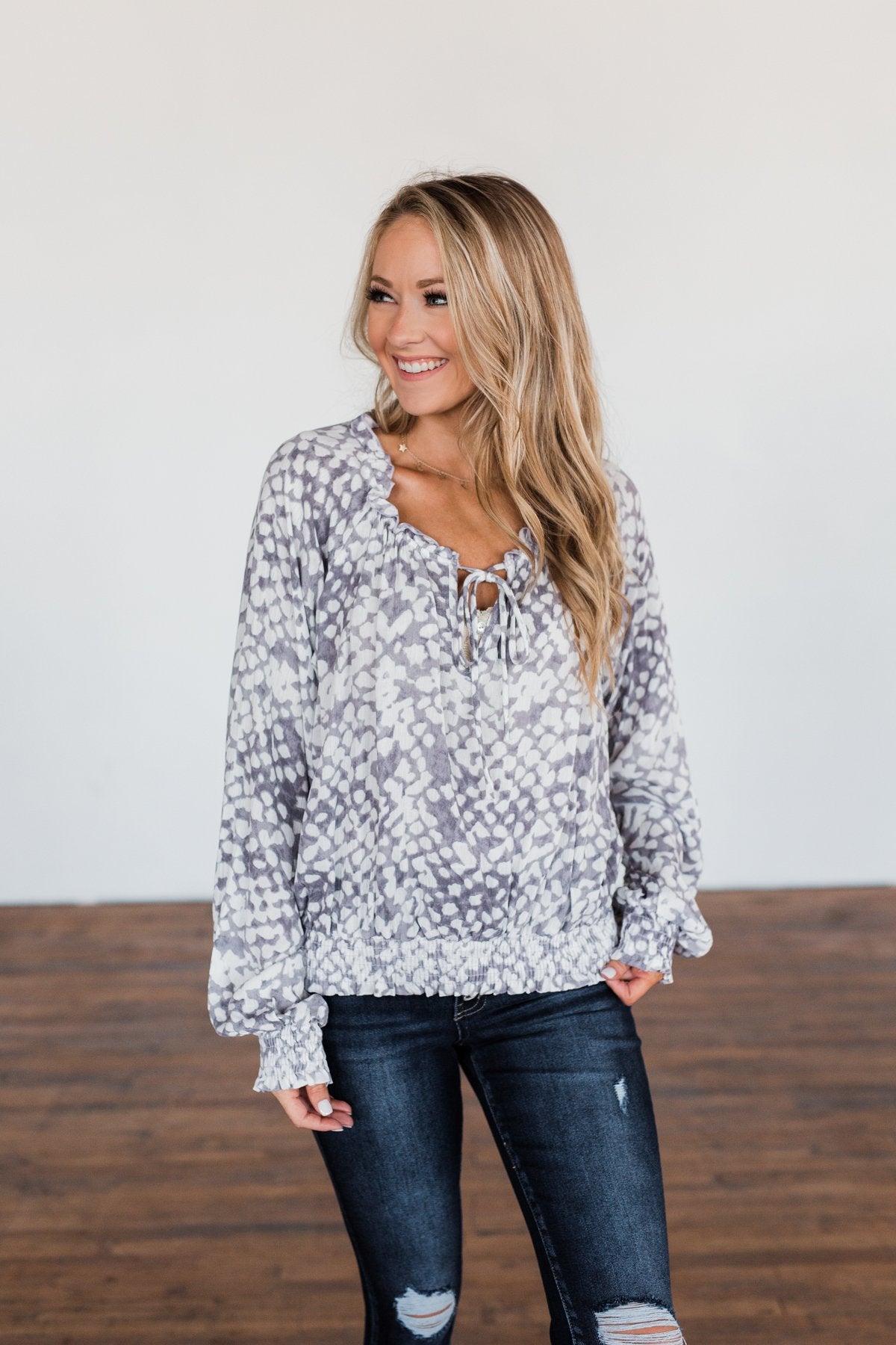Never Look Back Long Sleeve Leopard Top- Grey & Ivory