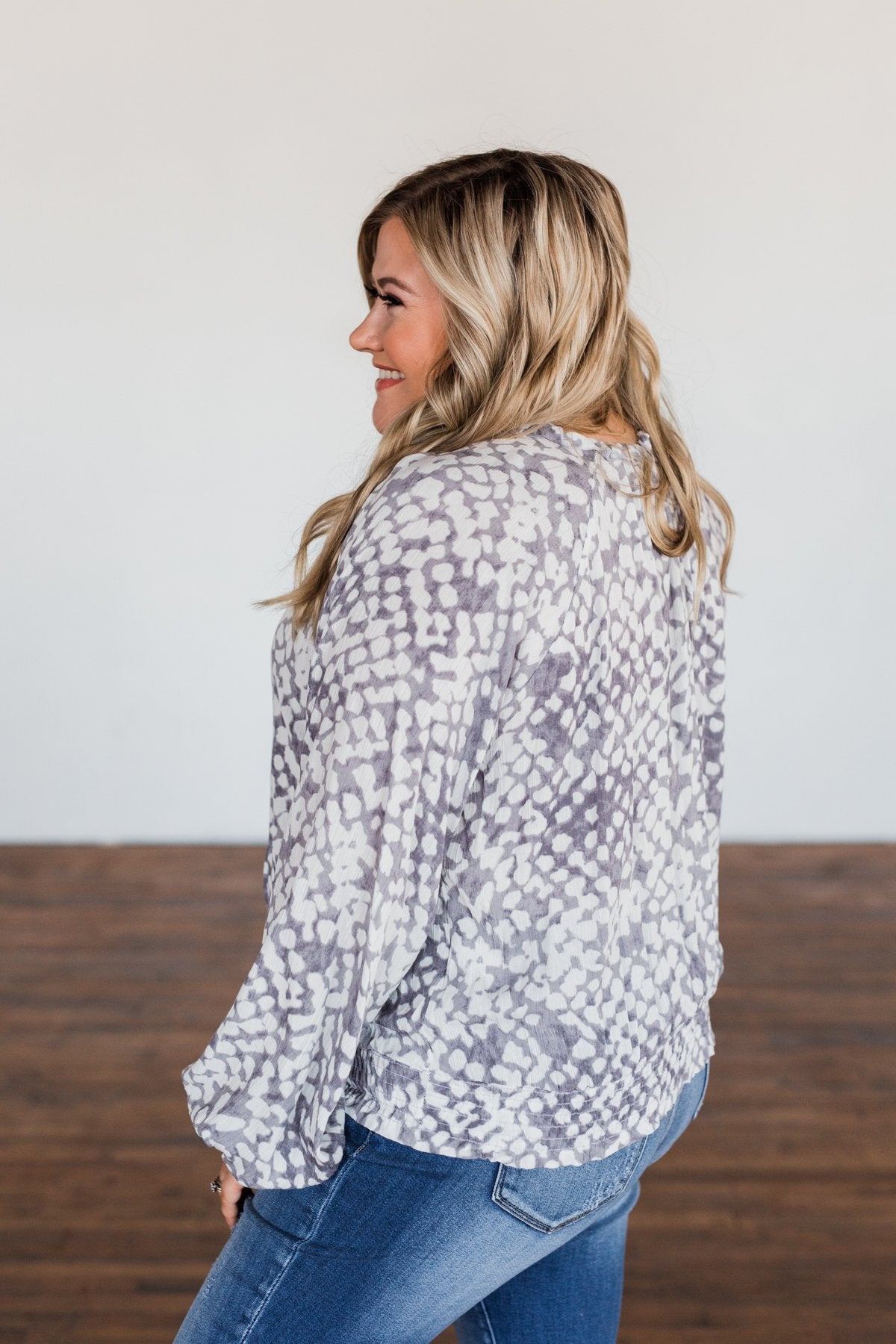 Never Look Back Long Sleeve Leopard Top- Grey & Ivory