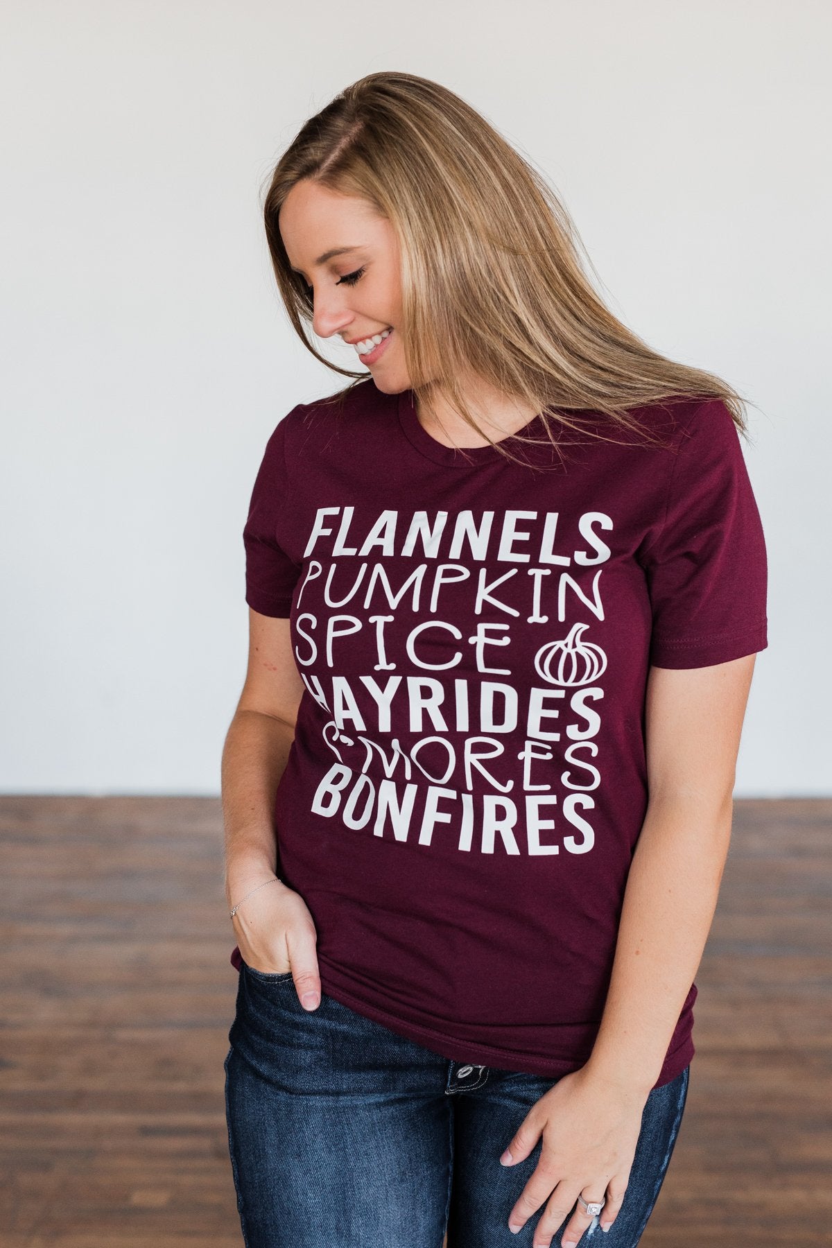 "Flannels, Pumpkin Spice, Hayrides.." Graphic Tee- Deep Maroon