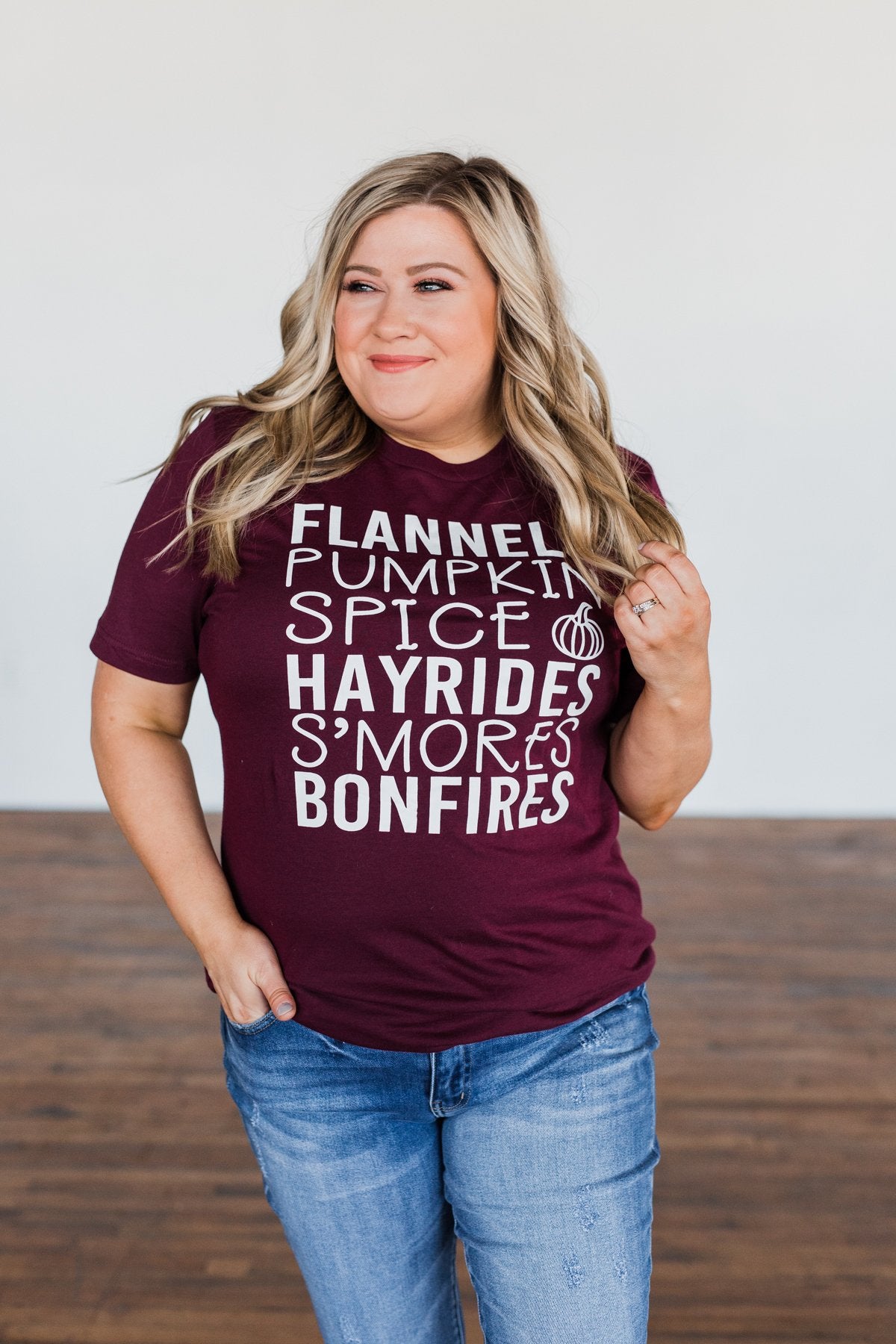 "Flannels, Pumpkin Spice, Hayrides.." Graphic Tee- Deep Maroon