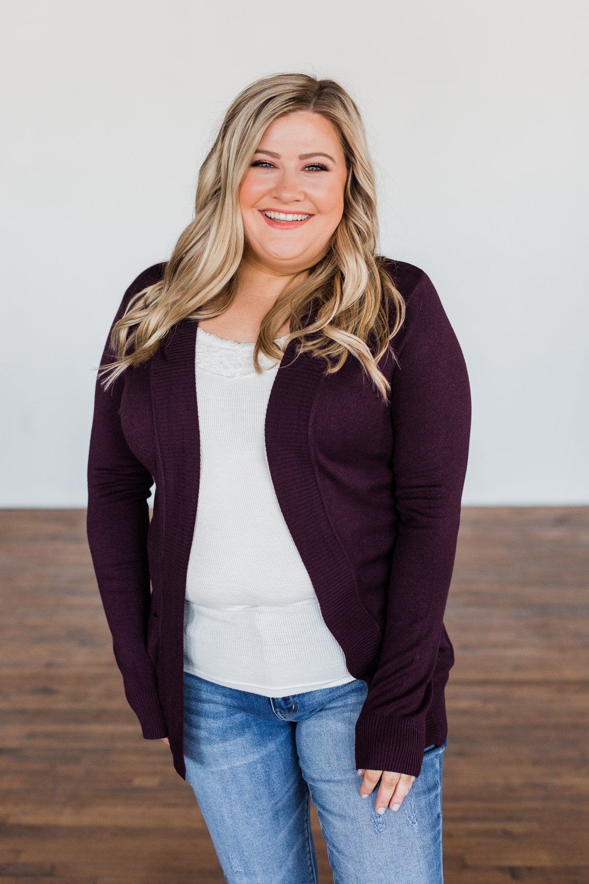 Light Weight Open Front Cardigan- Dark Eggplant