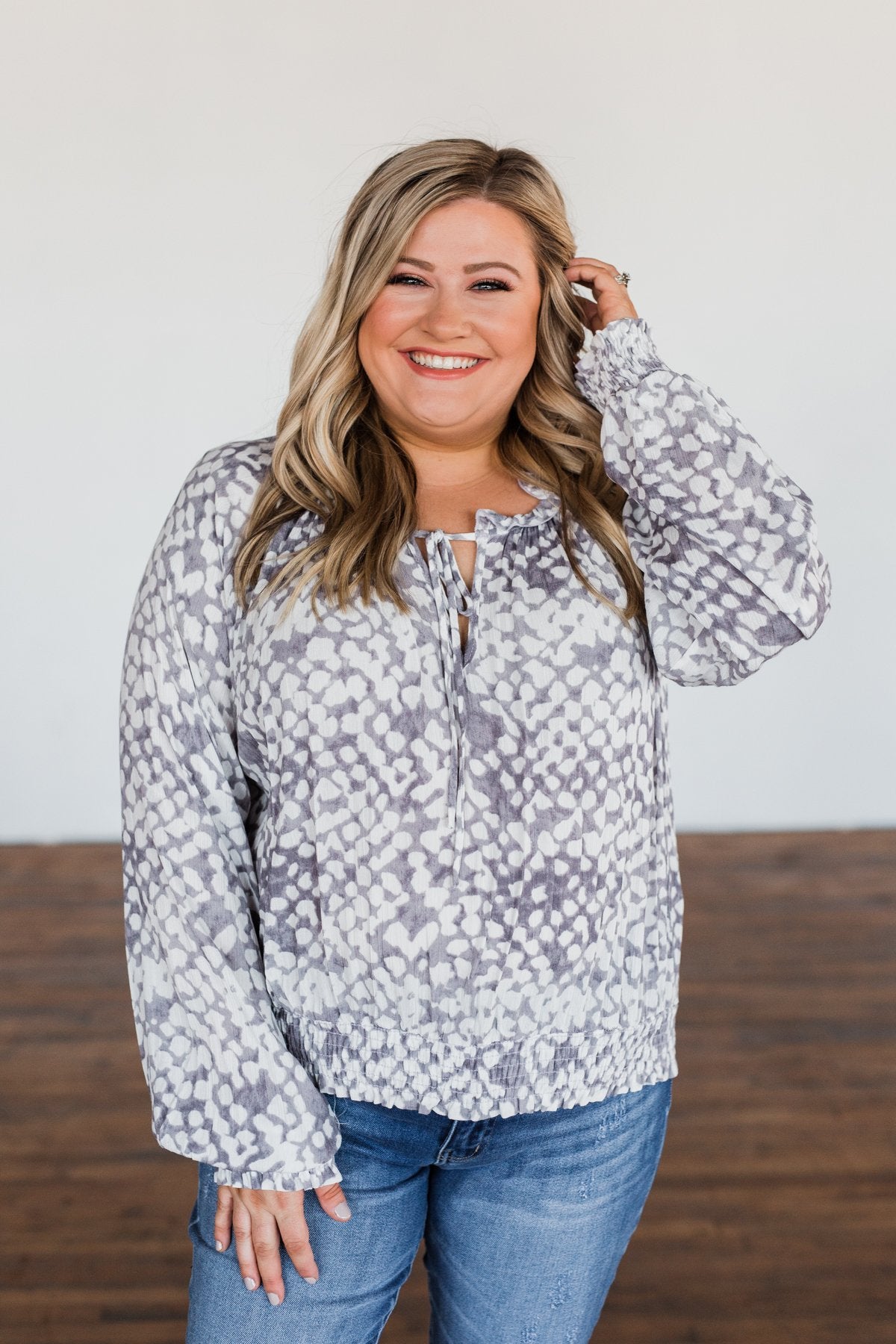 Never Look Back Long Sleeve Leopard Top- Grey & Ivory