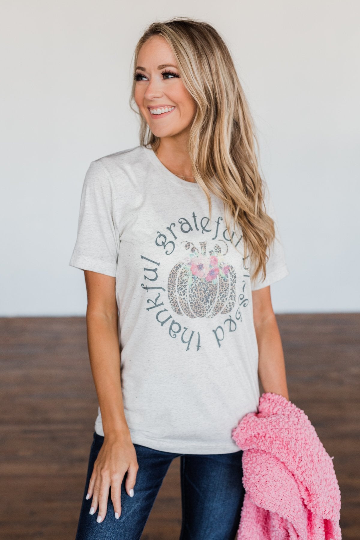 "Grateful, Blessed, Thankful" Graphic Tee- Heathered Oatmeal