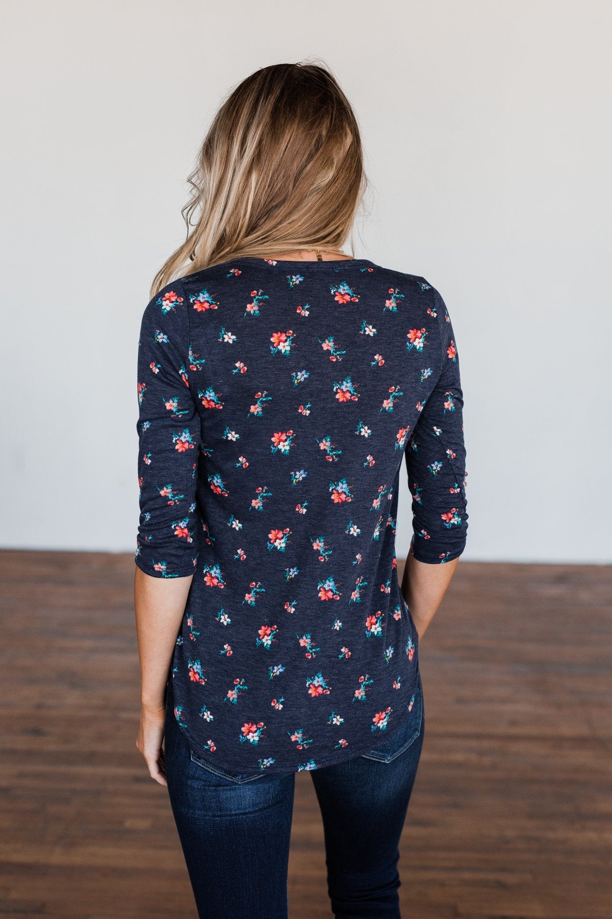 Scents of the Season Floral Criss Cross Top- Navy