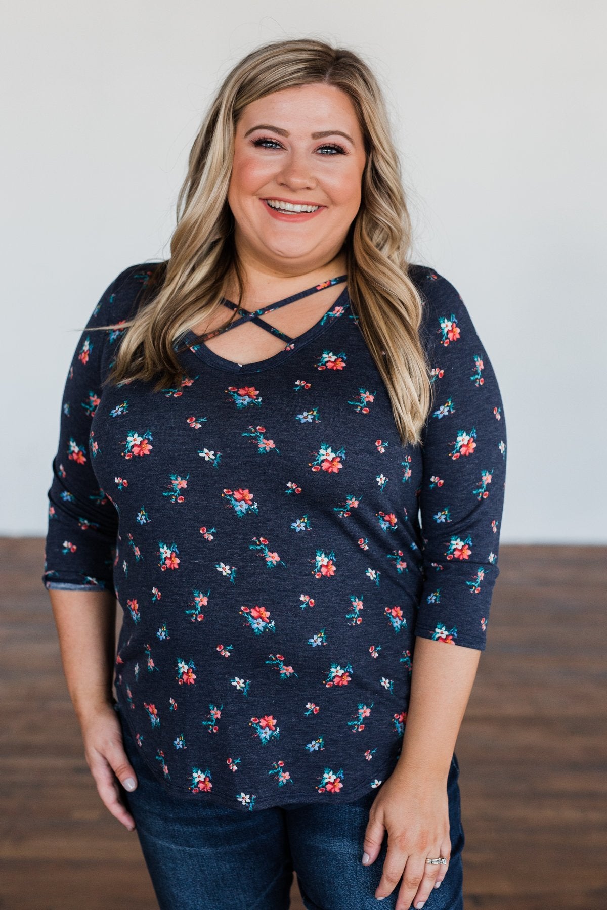 Scents of the Season Floral Criss Cross Top- Navy