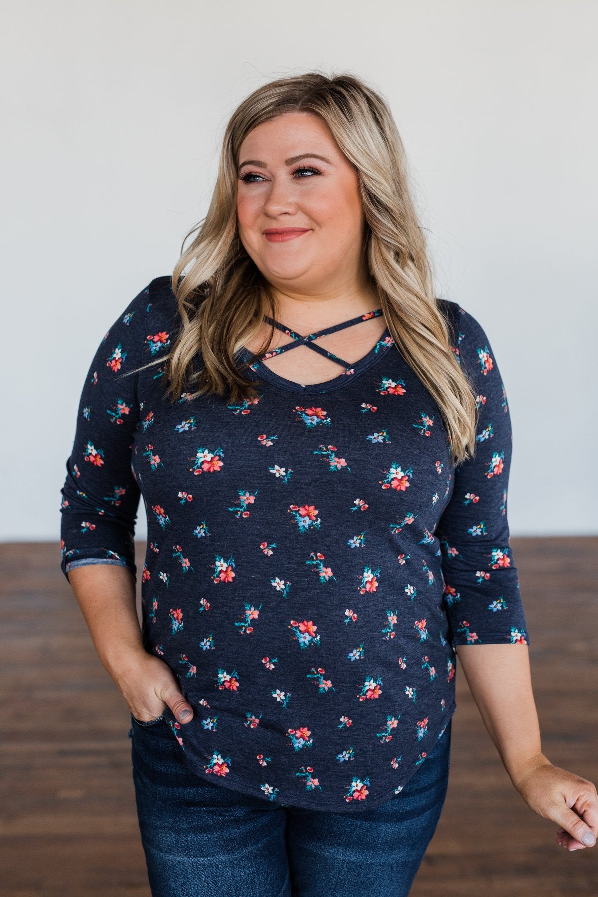 Scents of the Season Floral Criss Cross Top- Navy