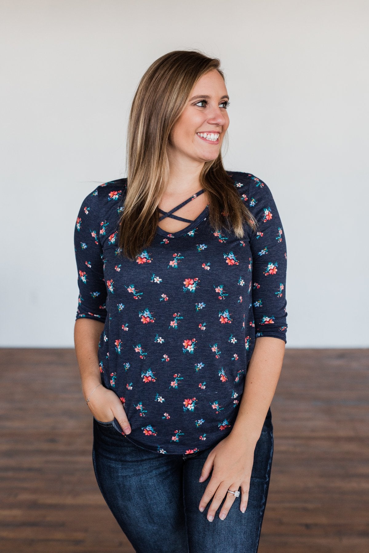 Scents of the Season Floral Criss Cross Top- Navy