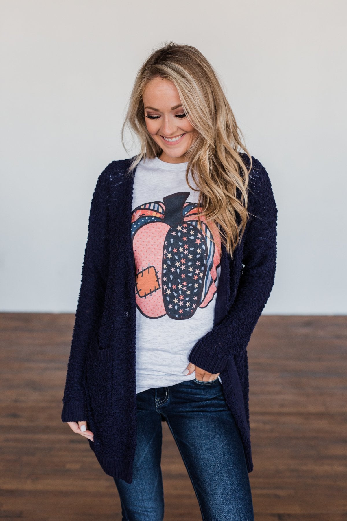Stealing Glances Popcorn Knit Cardigan- Navy