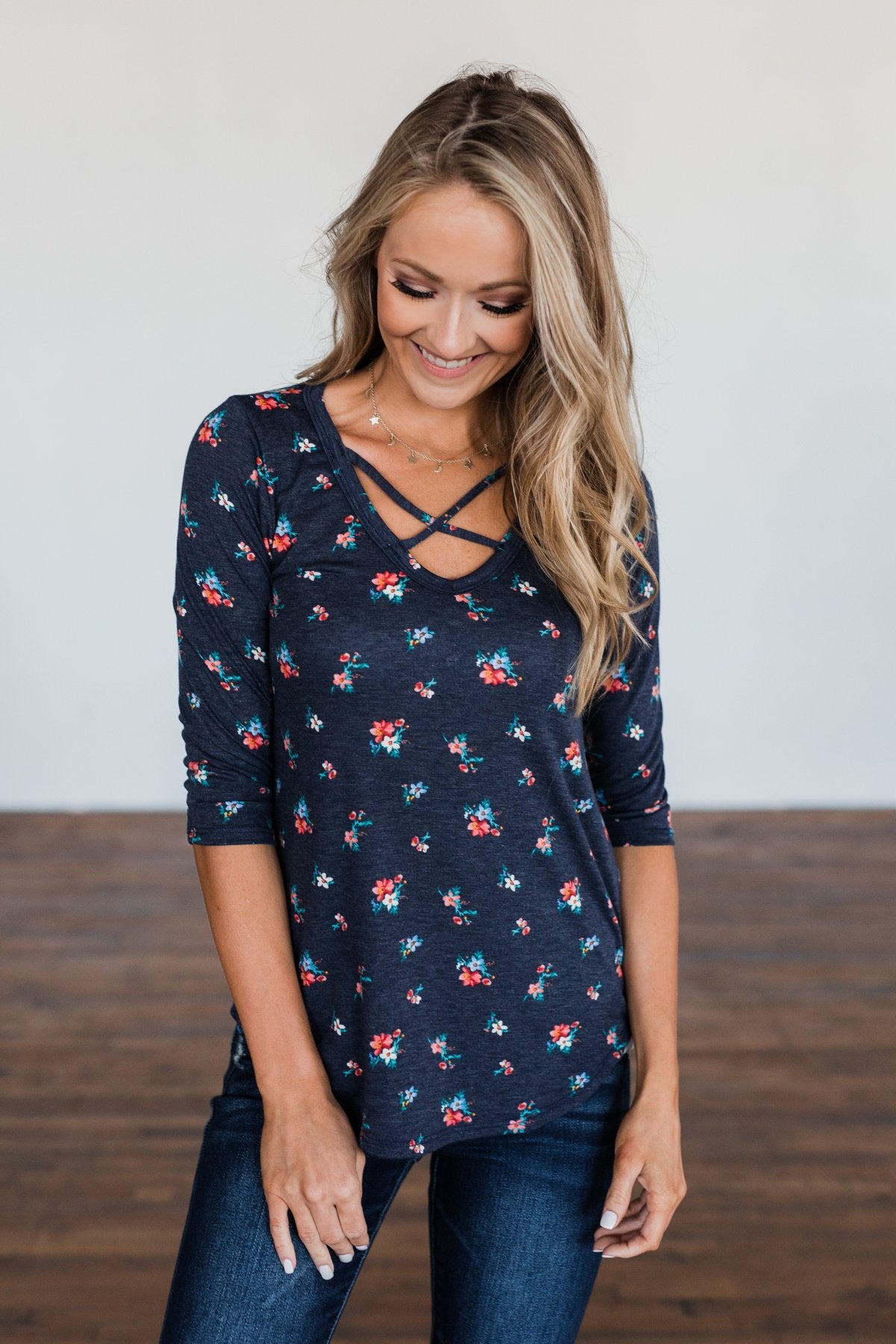 Scents of the Season Floral Criss Cross Top- Navy