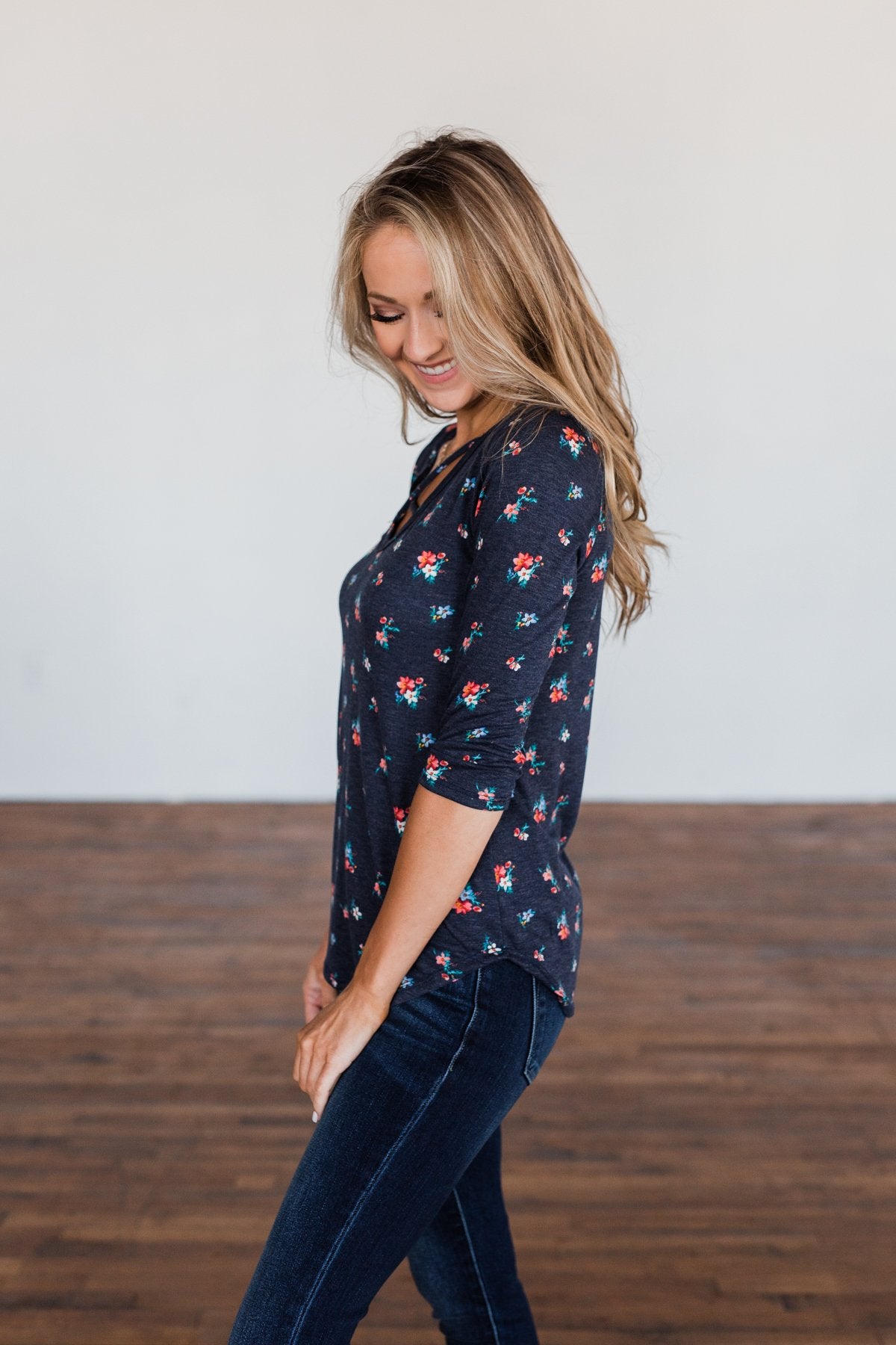 Scents of the Season Floral Criss Cross Top- Navy