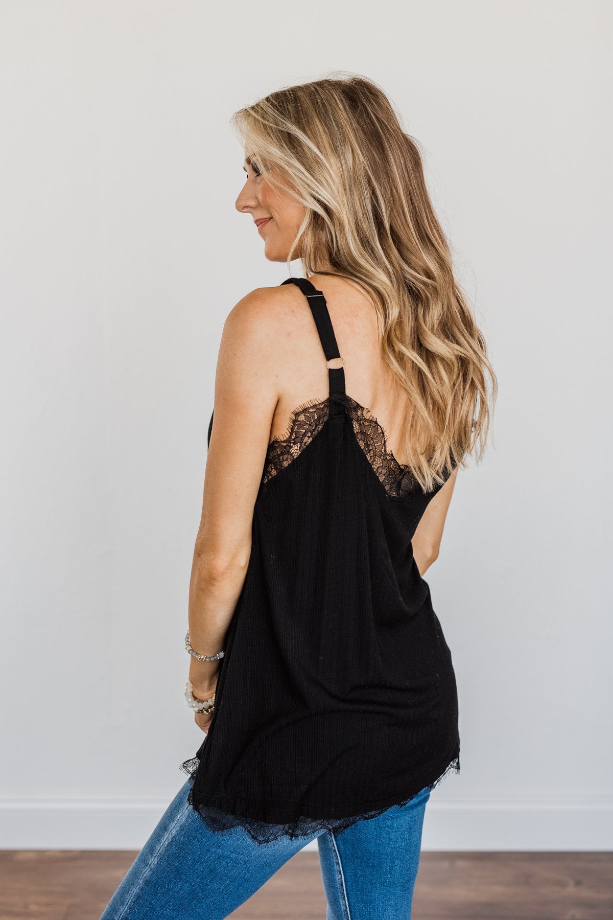 Think Like A Queen Lace Trimmed Tank Top- Black