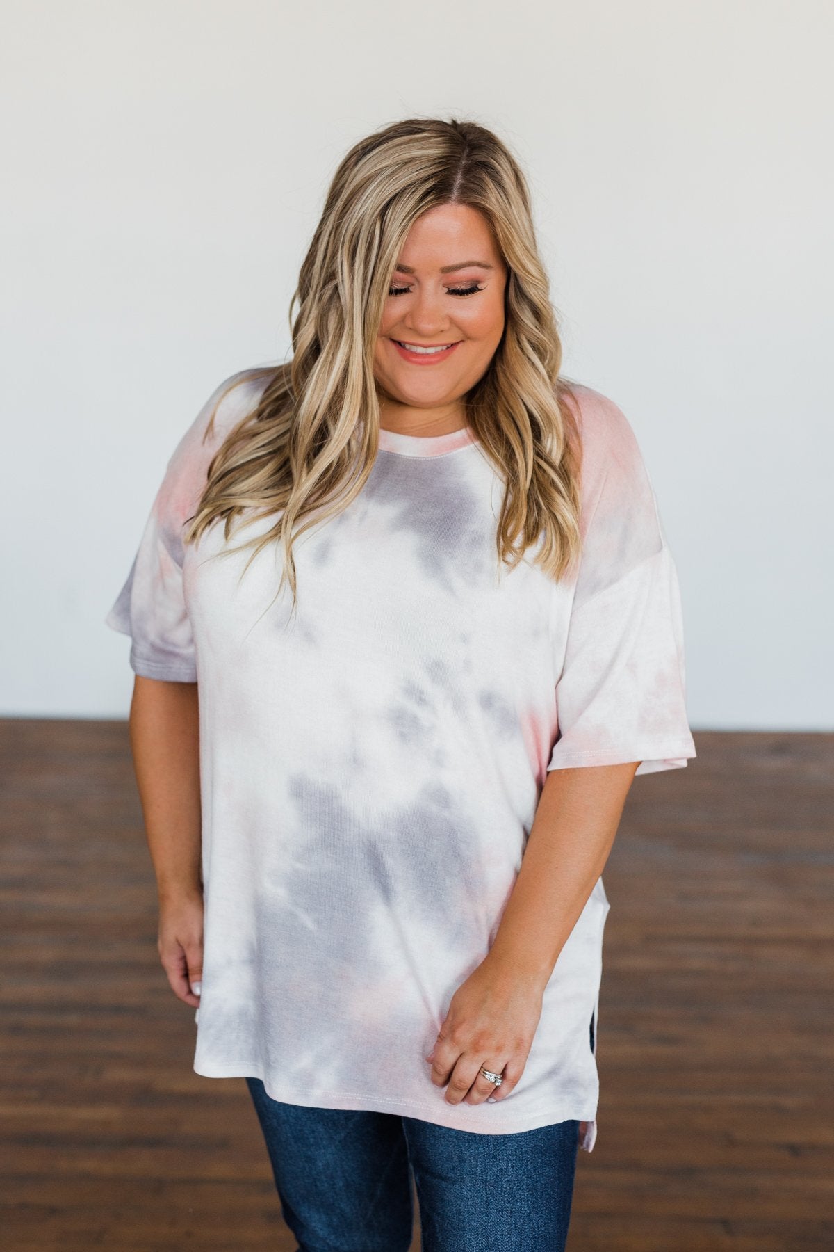 Love Awaits Muted Tie Dye Top- Coral & Grey