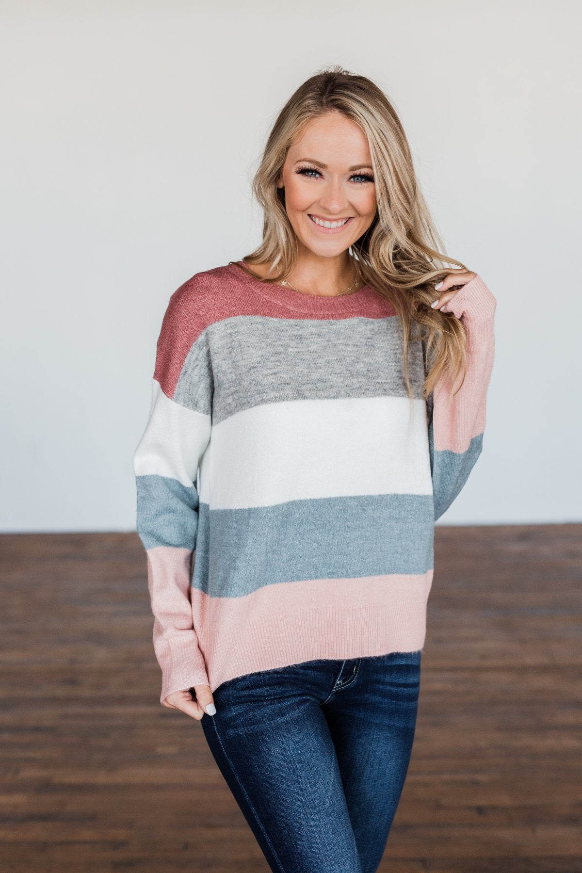 Heart's Desire Color Block Sweater- Mauve, Grey, & Denim Blue – The ...