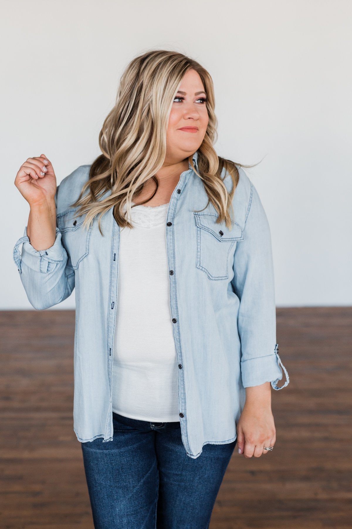 Can't Contain Myself Chambray Top- Light Denim