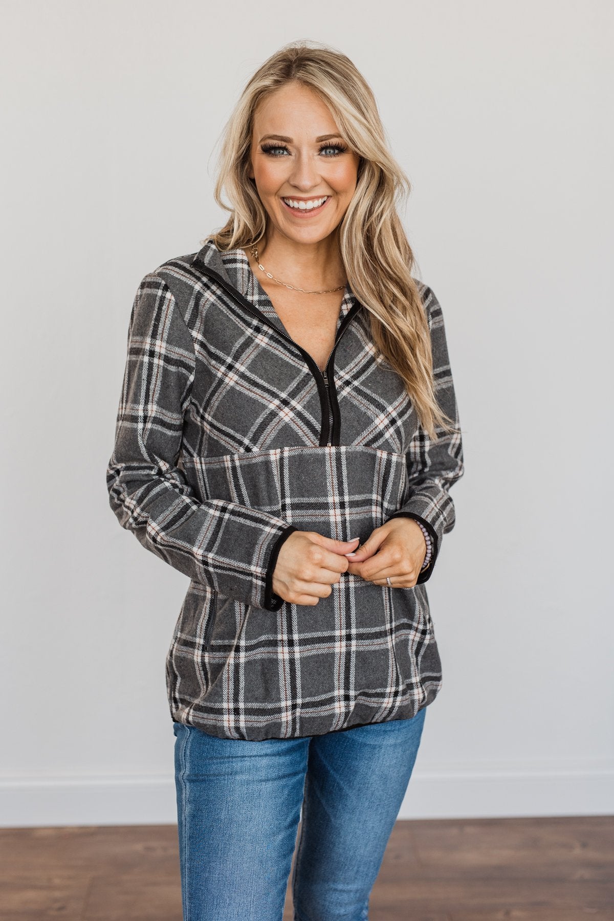Make Them Smile Quarter Zip Flannel Jacket Charcoal Rust The