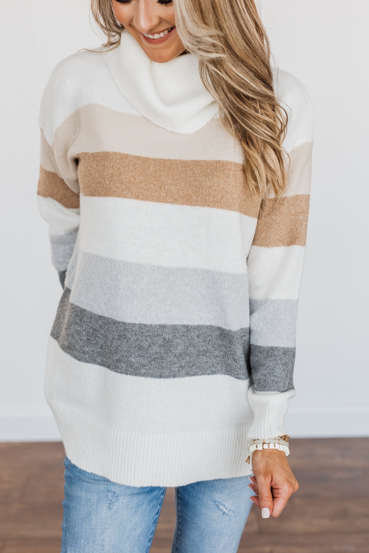 Sweet Autumn Air Turtleneck Sweater- Ivory, Camel & Grey