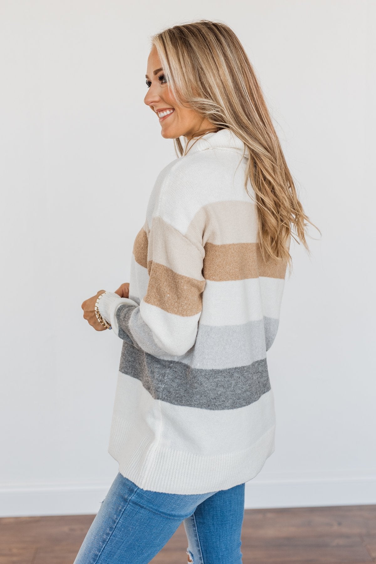 Sweet Autumn Air Turtleneck Sweater- Ivory, Camel & Grey