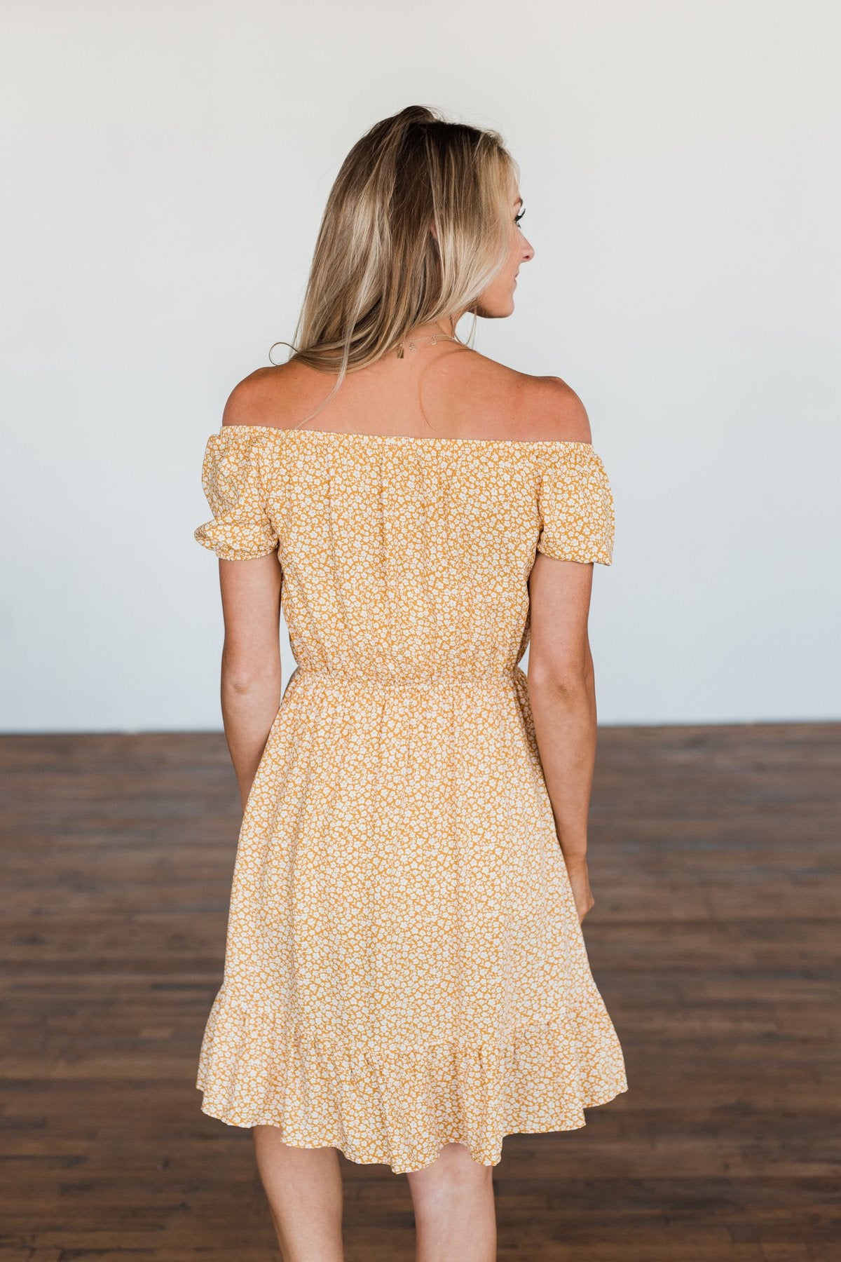 Swirl Into Season Off The Shoulder Dress- Mustard