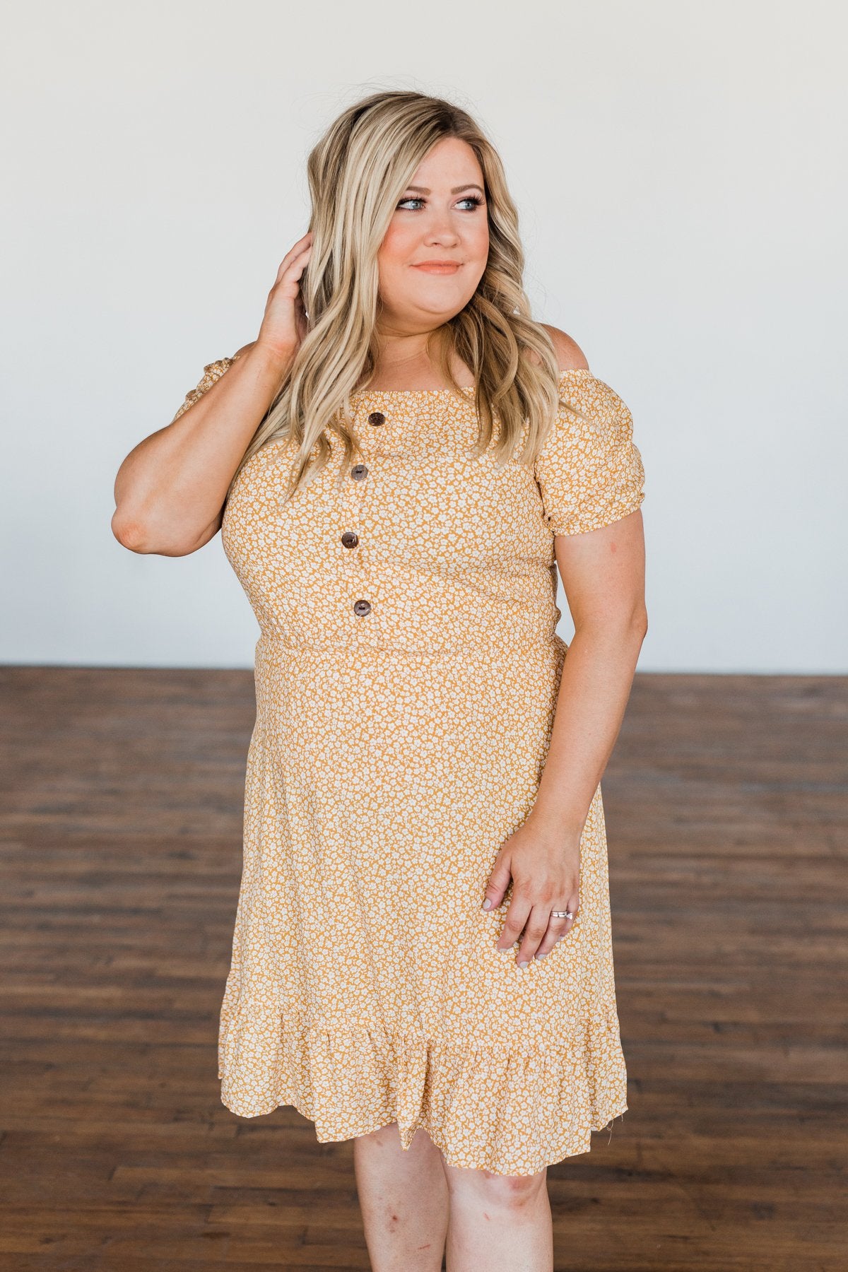 Swirl Into Season Off The Shoulder Dress Mustard The Pulse Boutique