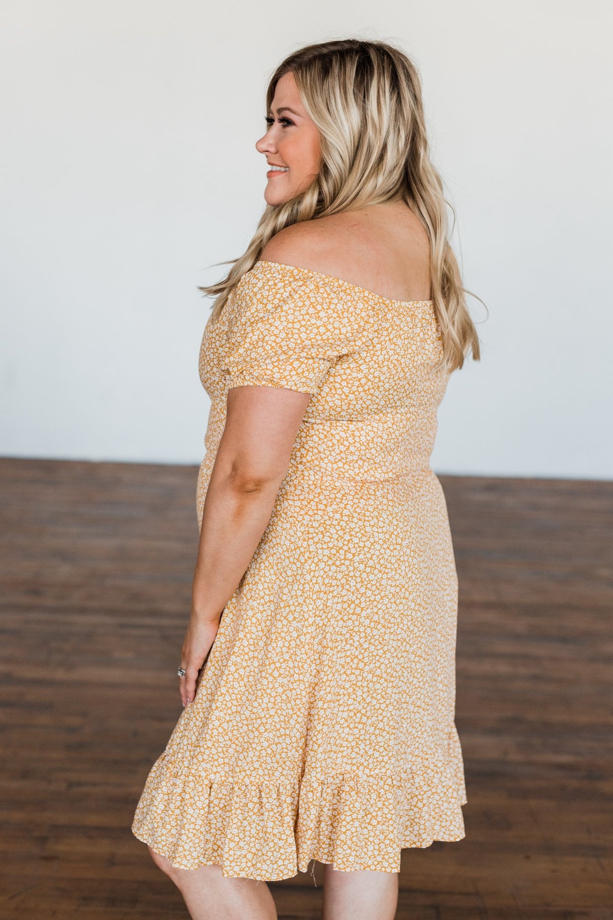 Swirl Into Season Off The Shoulder Dress- Mustard