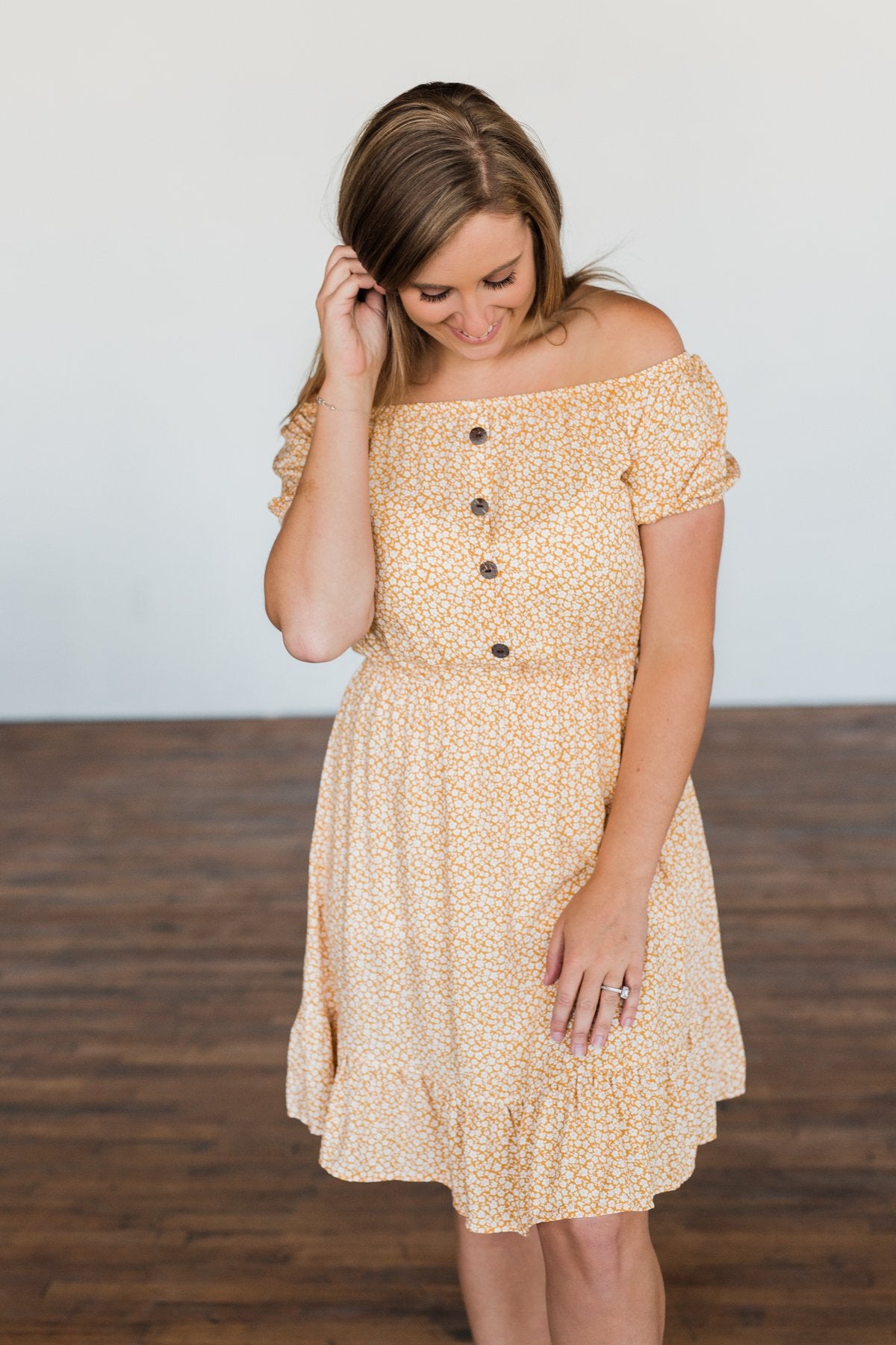 Swirl Into Season Off The Shoulder Dress- Mustard