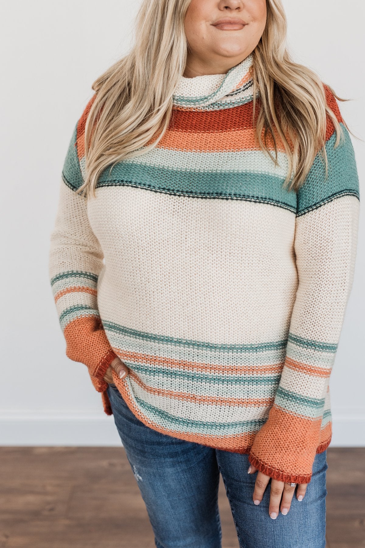 Harvest Happiness Cowl Neck Sweater- Cream, Rust & Dusty Teal