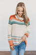 Harvest Happiness Cowl Neck Sweater- Cream, Rust & Dusty Teal