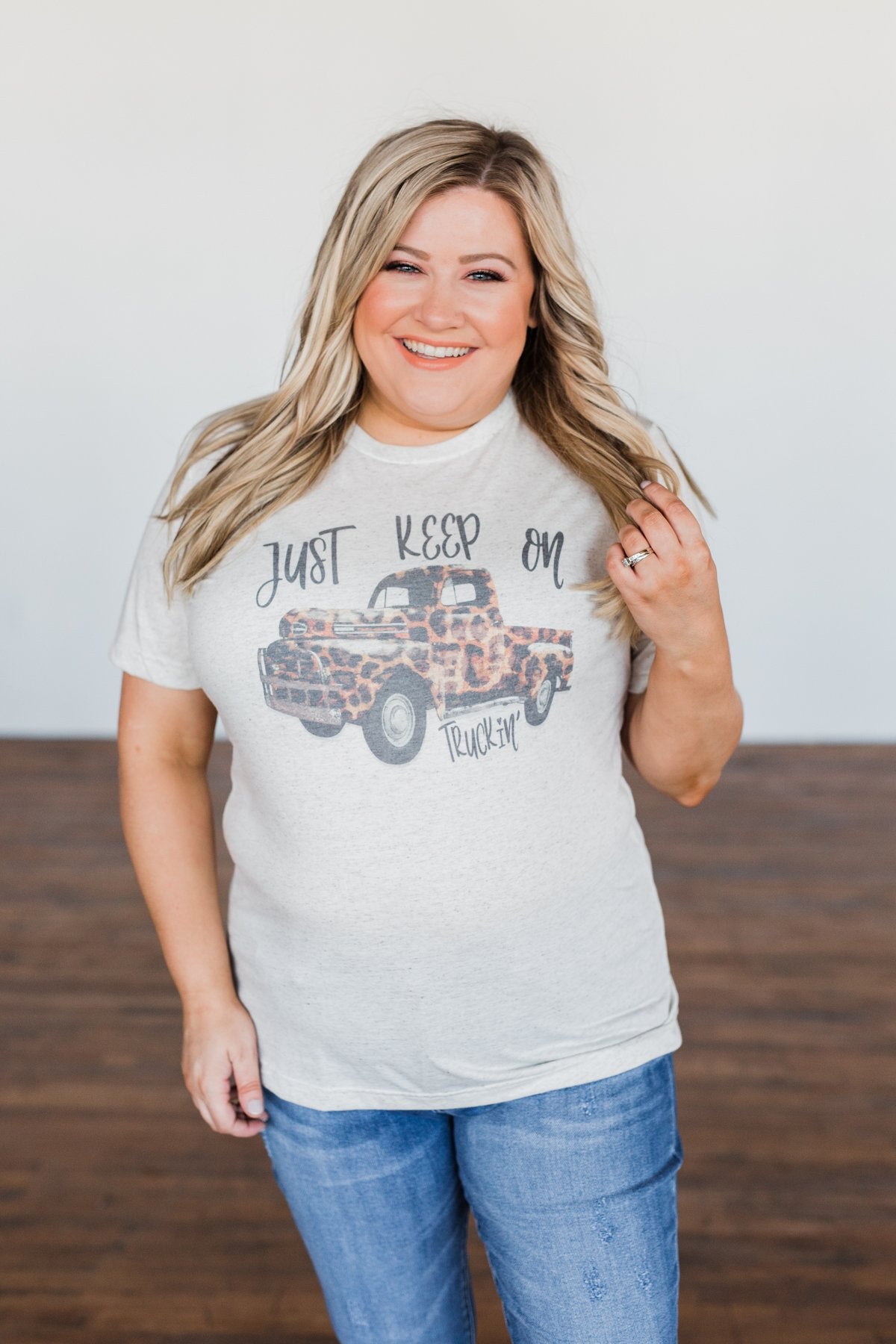 "Keep On Truckin" Leopard Truck Graphic Tee- Oatmeal