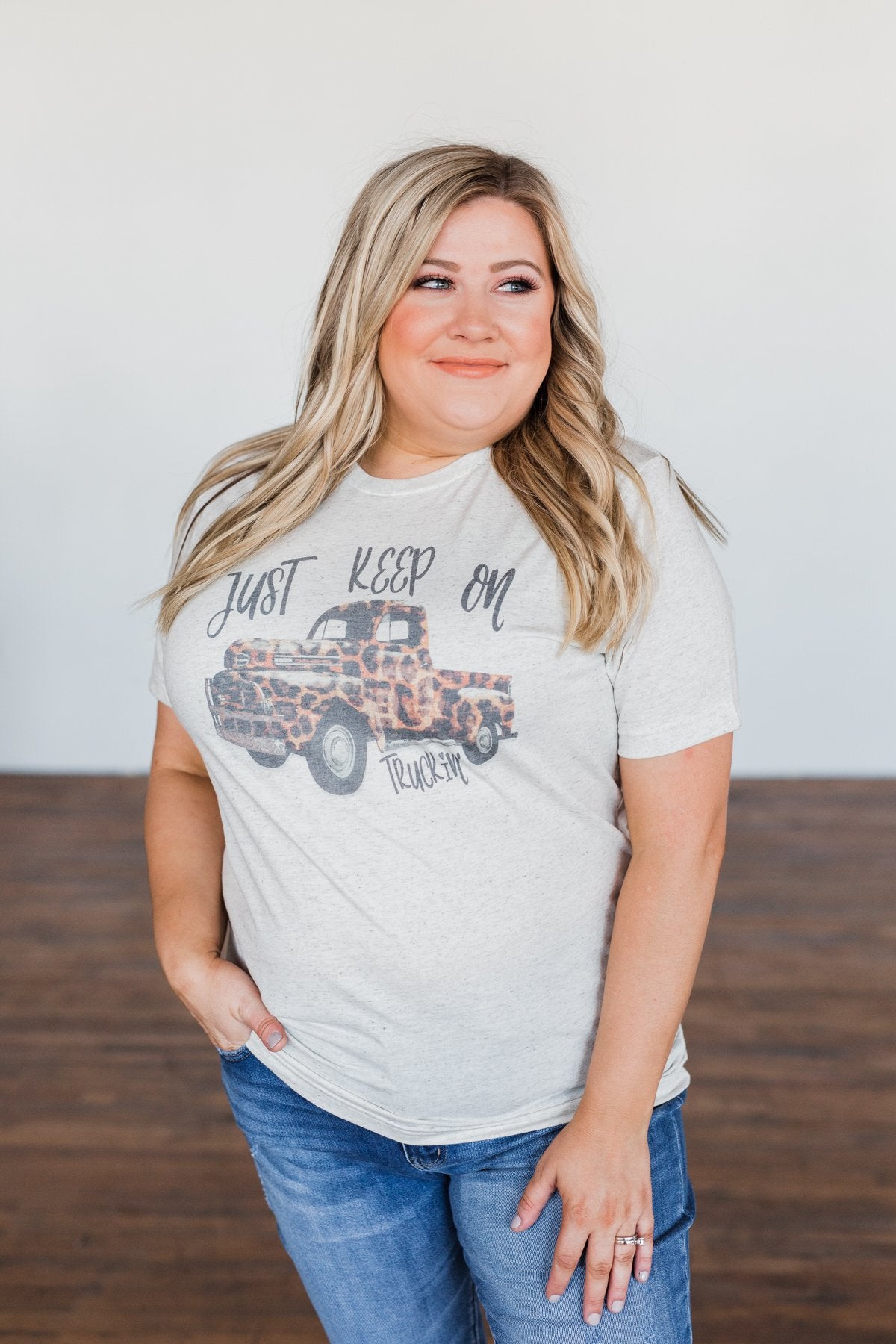"Keep On Truckin" Leopard Truck Graphic Tee- Oatmeal