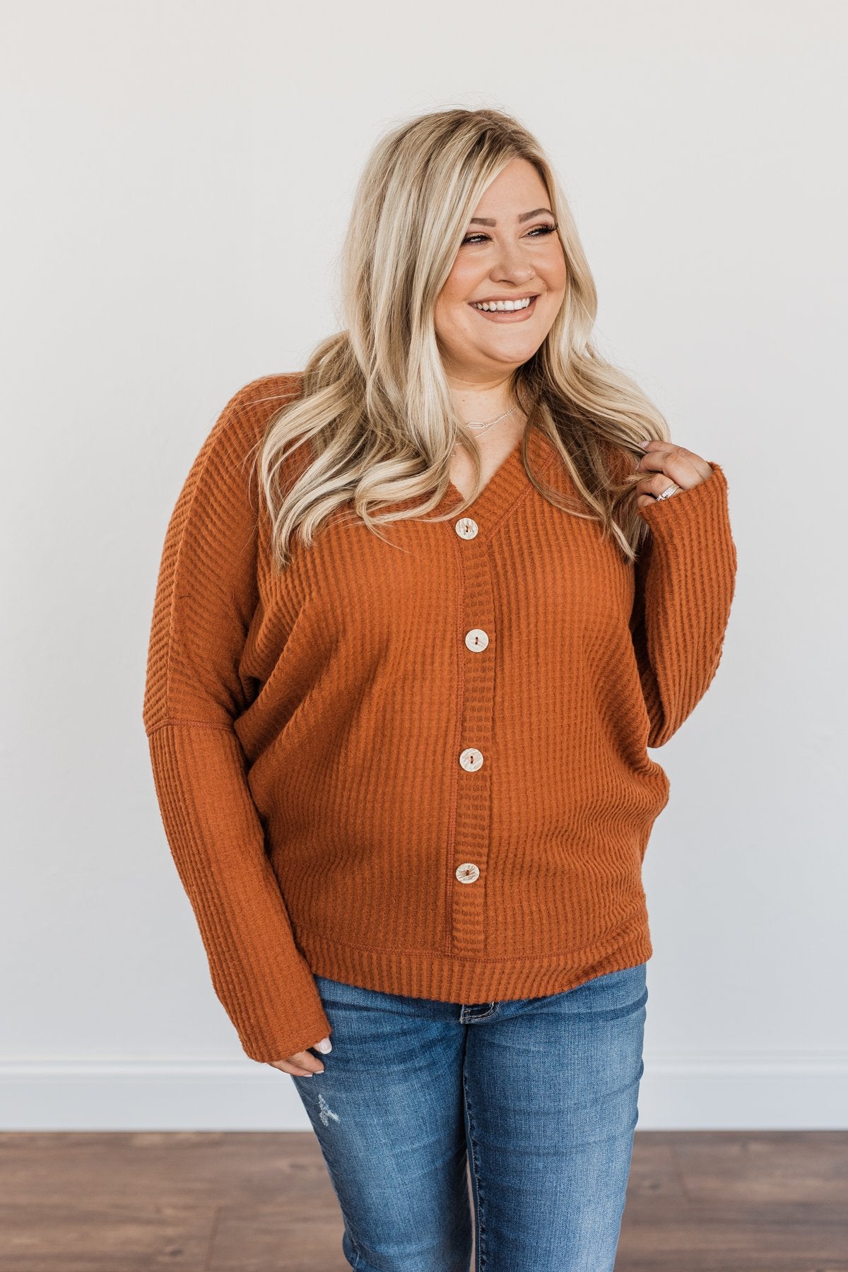 Turning A New Leaf Long Sleeve Waffle Knit Top- Rust