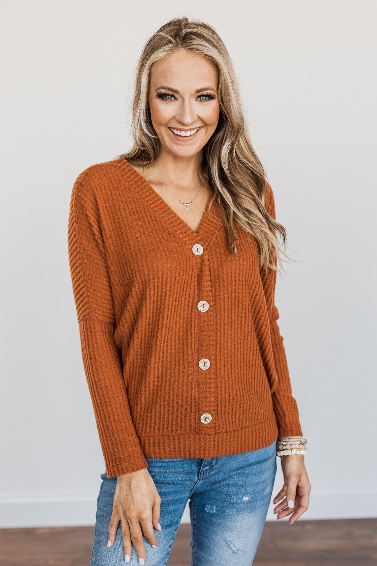 Turning A New Leaf Long Sleeve Waffle Knit Top- Rust