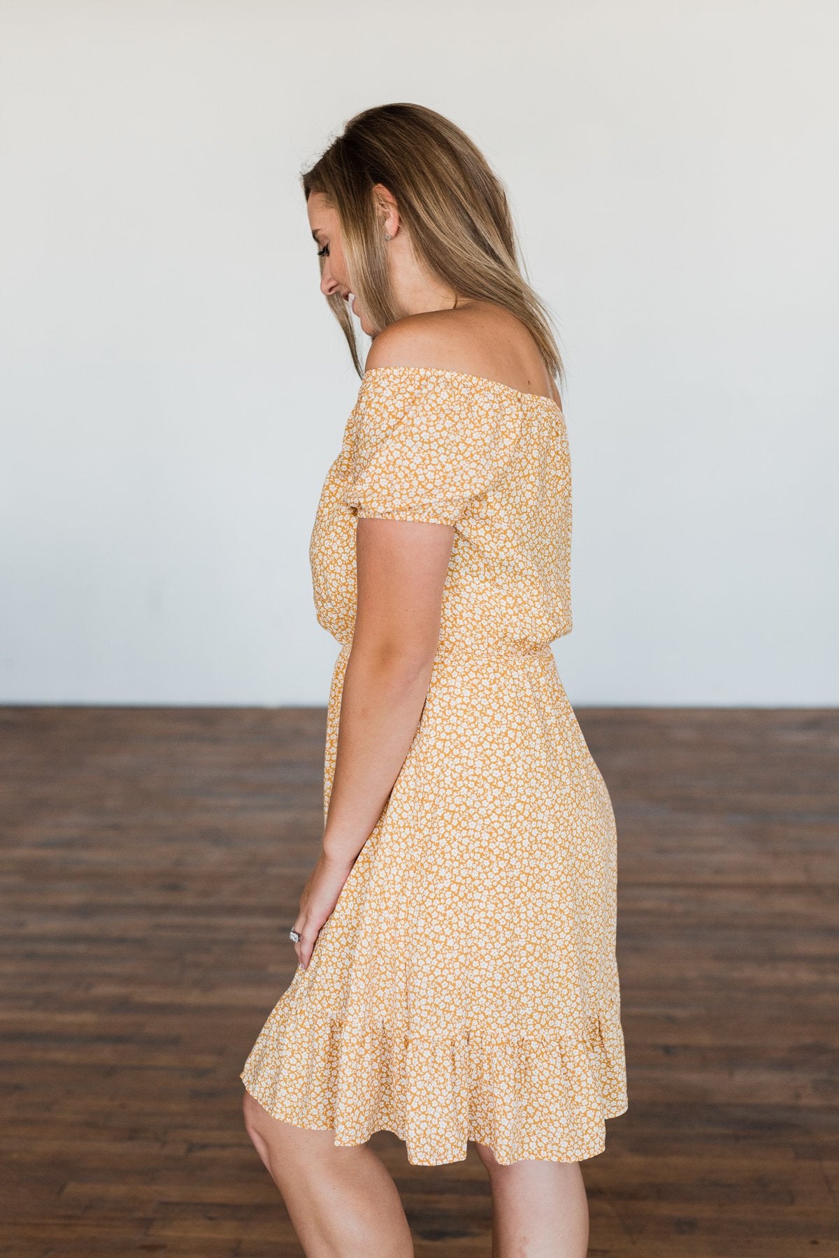 Swirl Into Season Off The Shoulder Dress- Mustard