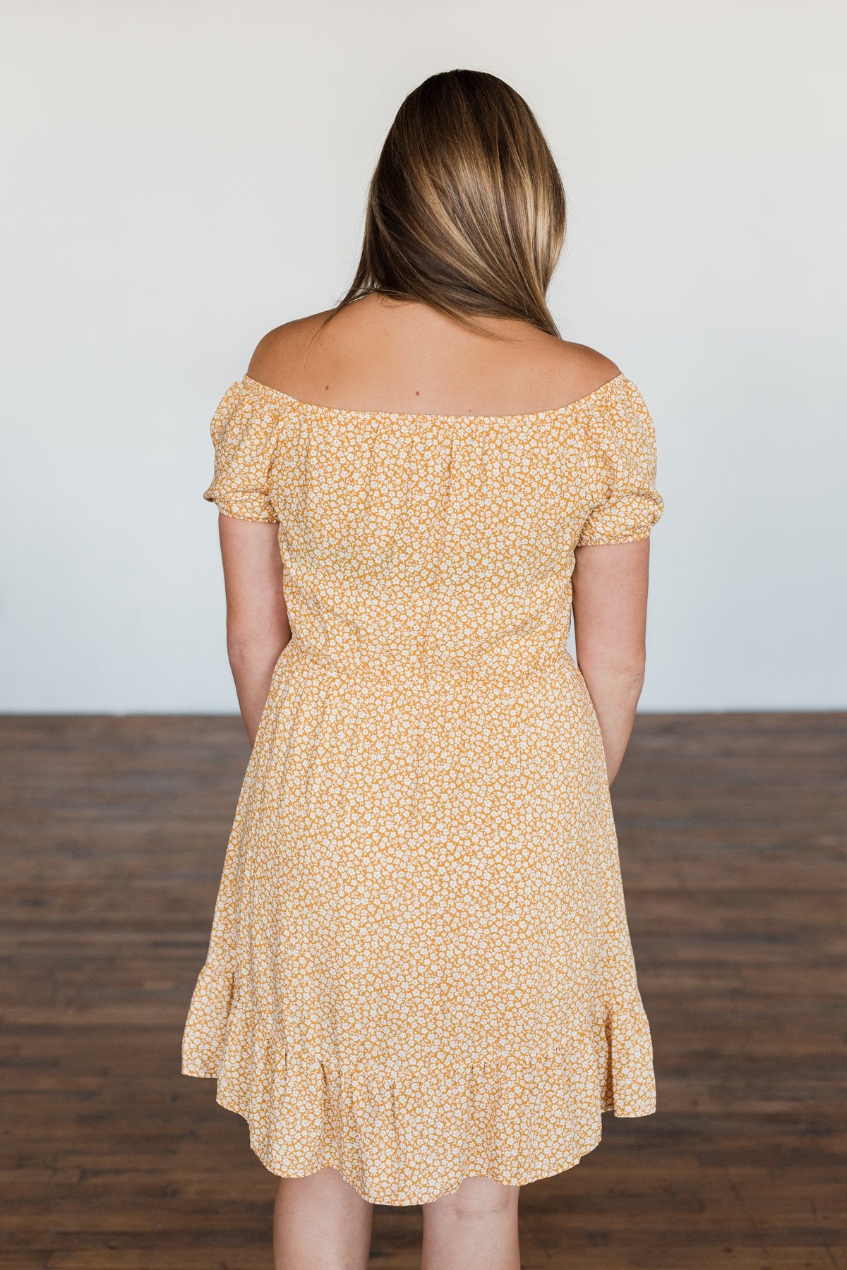 Swirl Into Season Off The Shoulder Dress- Mustard