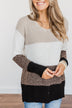 Lovely Leaves Color Block Knit Sweater- Oatmeal & Brown