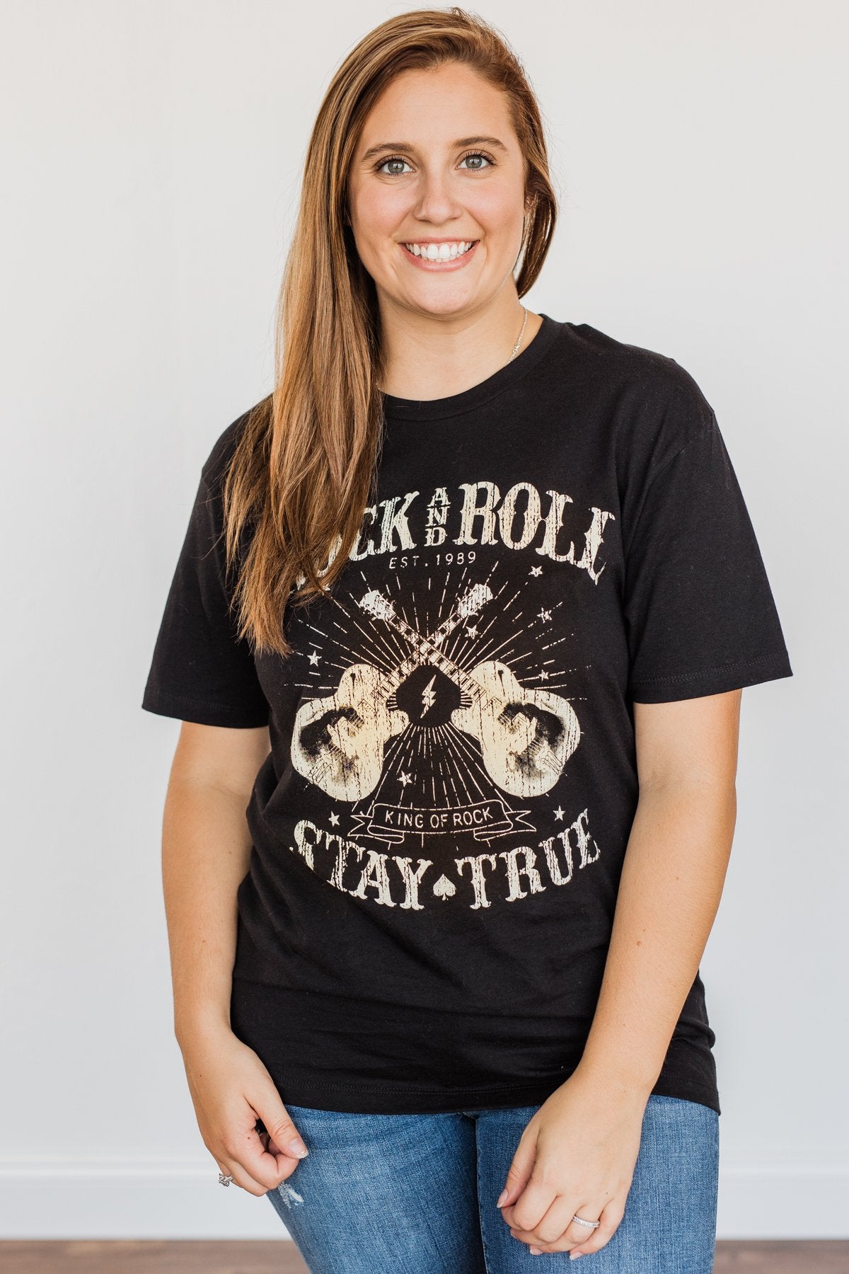 "Rock And Roll, Stay True" Graphic Top- Black