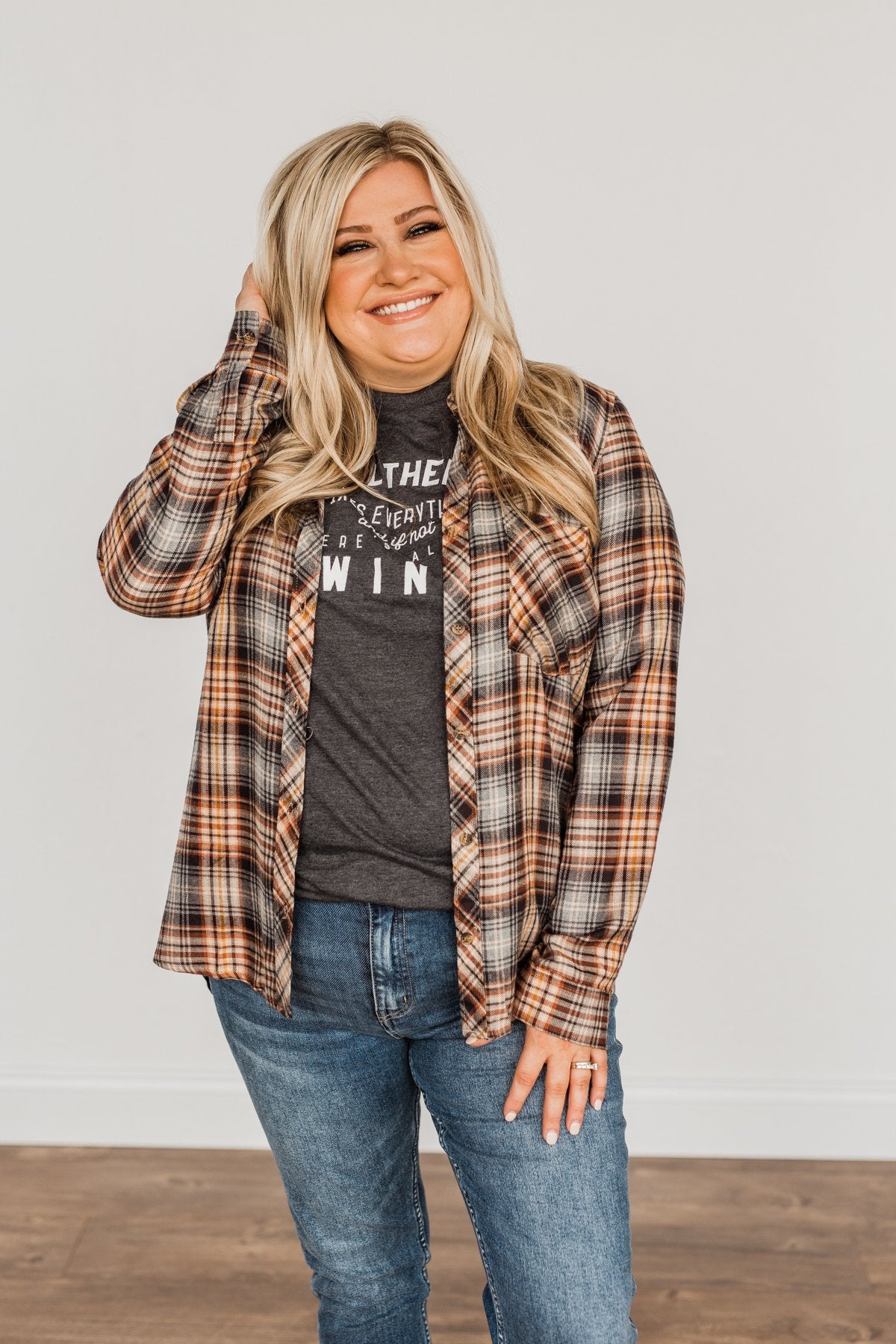 Harvest Wishes Button Down Plaid Top- Navy, Rust, & Oatmeal