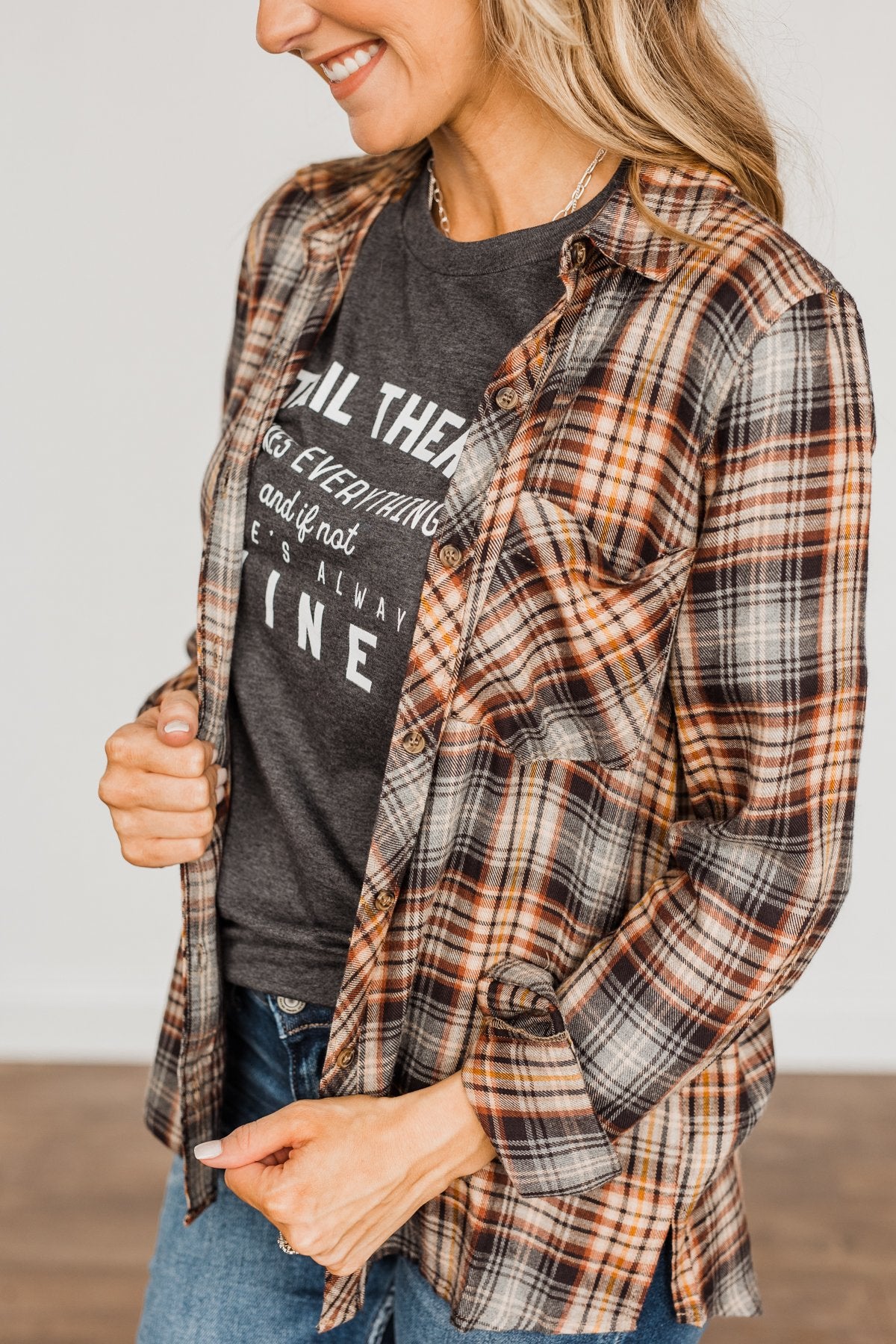 Harvest Wishes Button Down Plaid Top- Navy, Rust, & Oatmeal