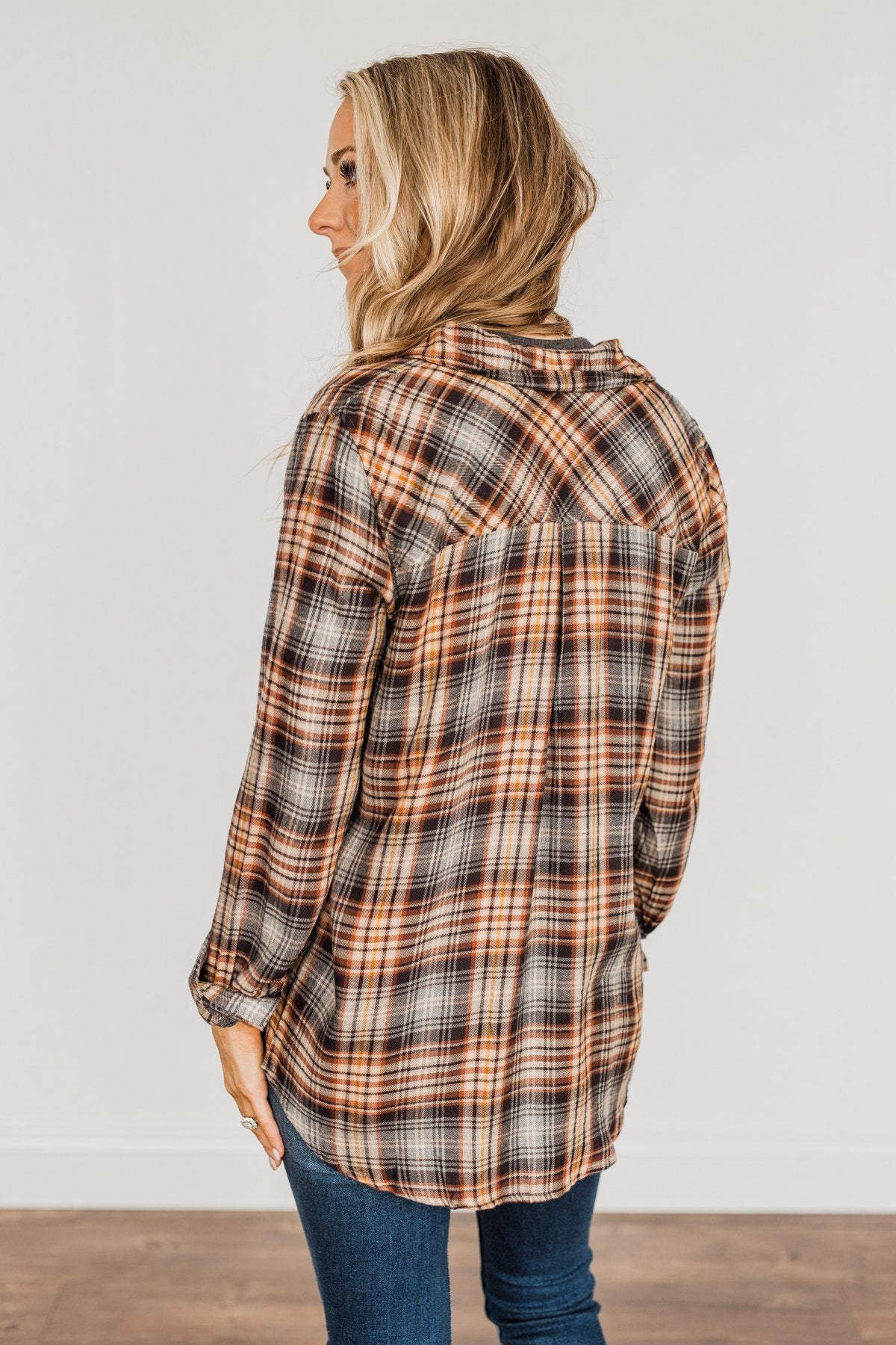 Harvest Wishes Button Down Plaid Top- Navy, Rust, & Oatmeal