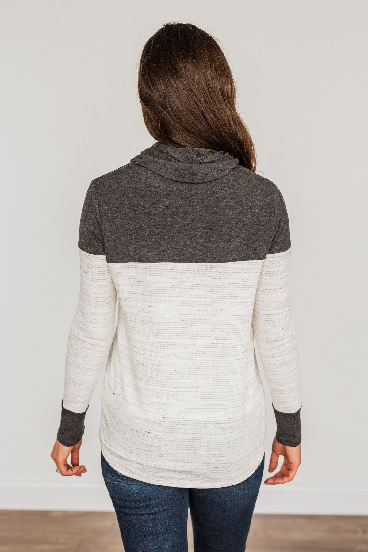 Live Well Cowl Neck Color Block Top- Ivory & Charcoal