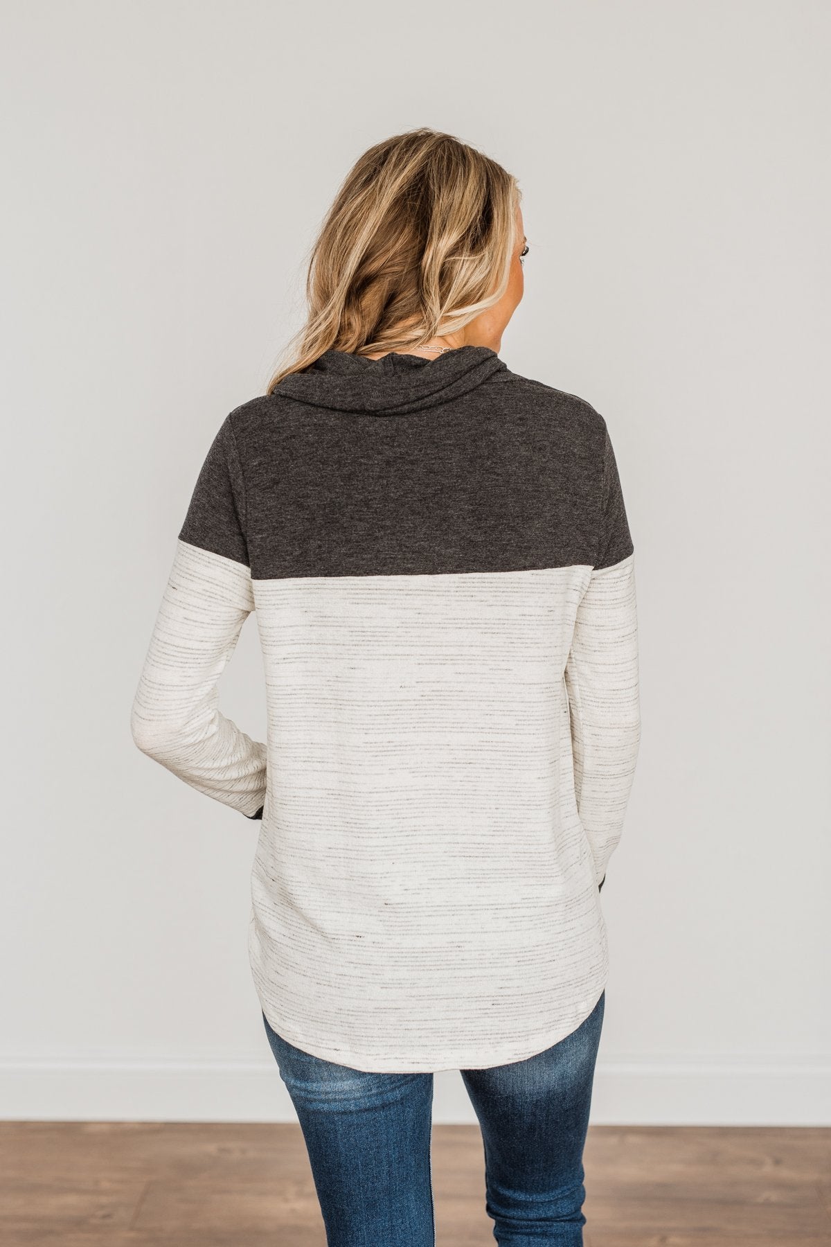 Live Well Cowl Neck Color Block Top- Ivory & Charcoal