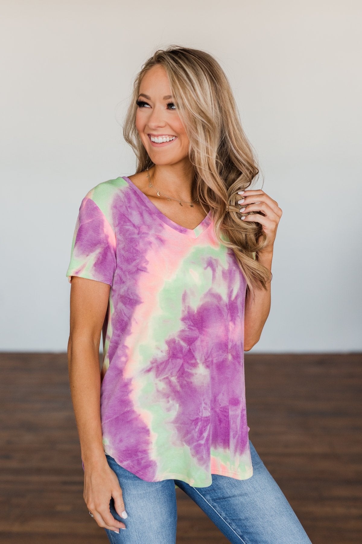 Draw Me Closer Tie Dye V-Neck Top- Pink, Lime, Purple
