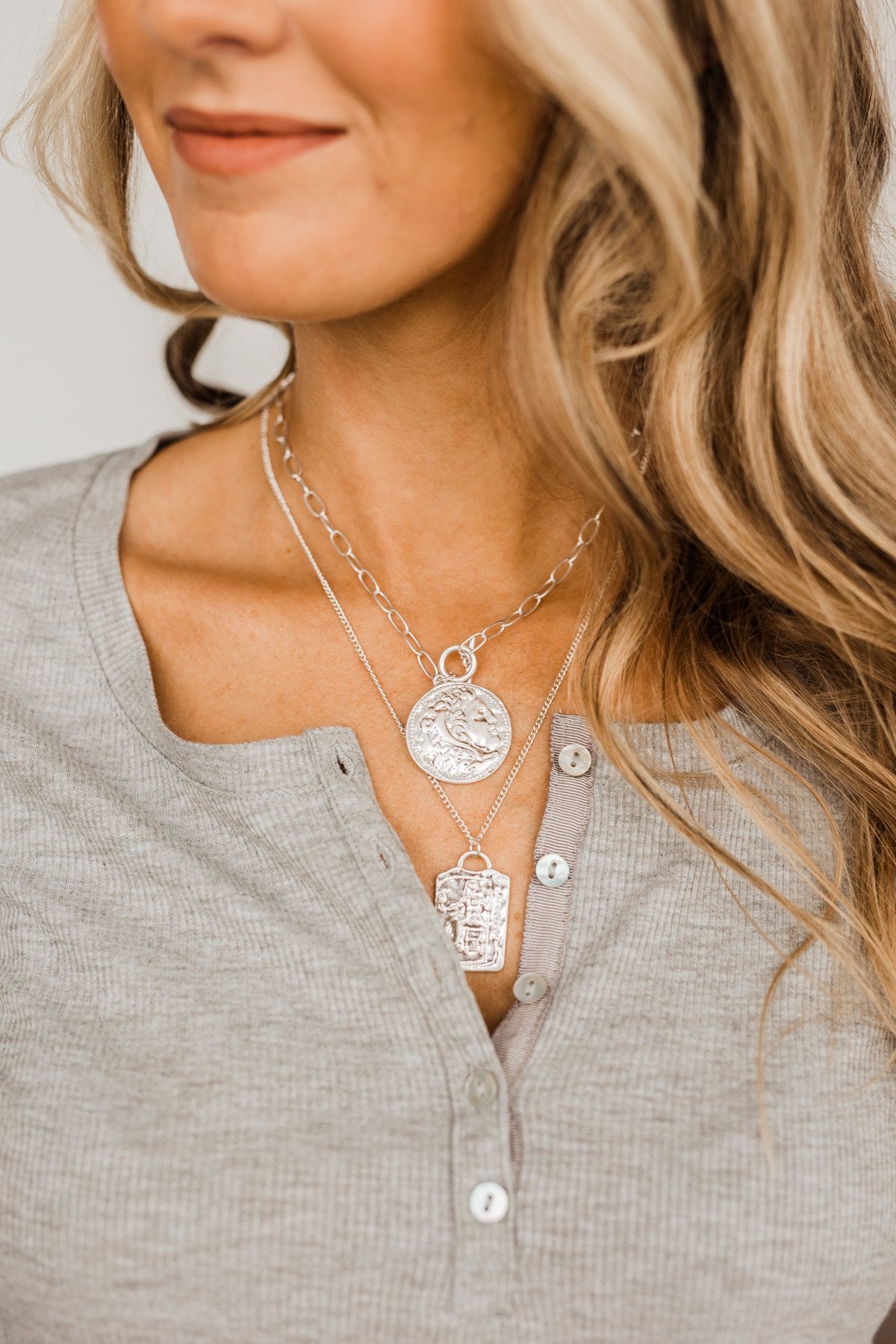 2 Tier Textured Figures Pendant Necklace- Silver